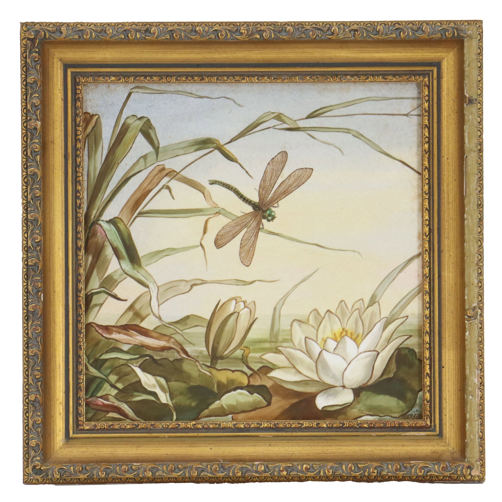 John Bennett (1840-1907) British, Nature Painting of Dragonfly on Painted Tile: John Bennett (1840-1907) British, Nature Painting of Dragonfly on Painted Tile. Nature painting depicting a dragonfly hovering near a blooming white water lily and a closed bud amidst tall marsh grass