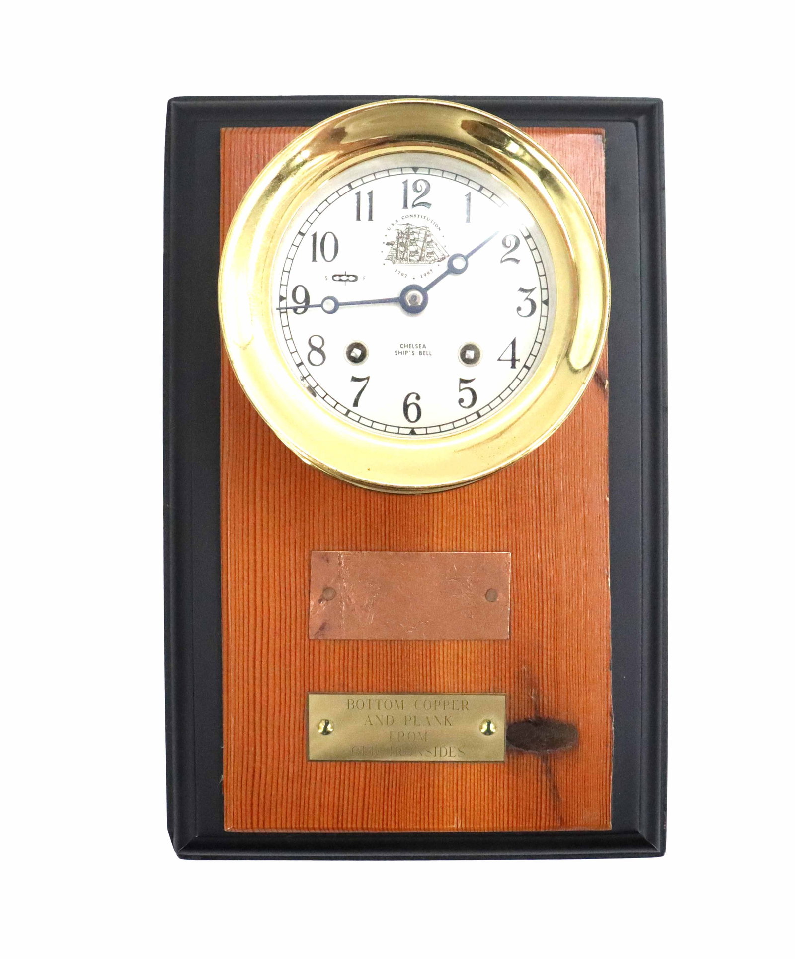 1997 Commemorative Chelsea Ship's Bell Clock with Wood and Copper from the USS Constitution: 1997 Commemorative Chelsea Ship's Bell Clock with Wood and Copper from the USS Constitution. limited-edition Chelsea Ship’s Bell clock is mounted on a commemorative plaque crafted from 