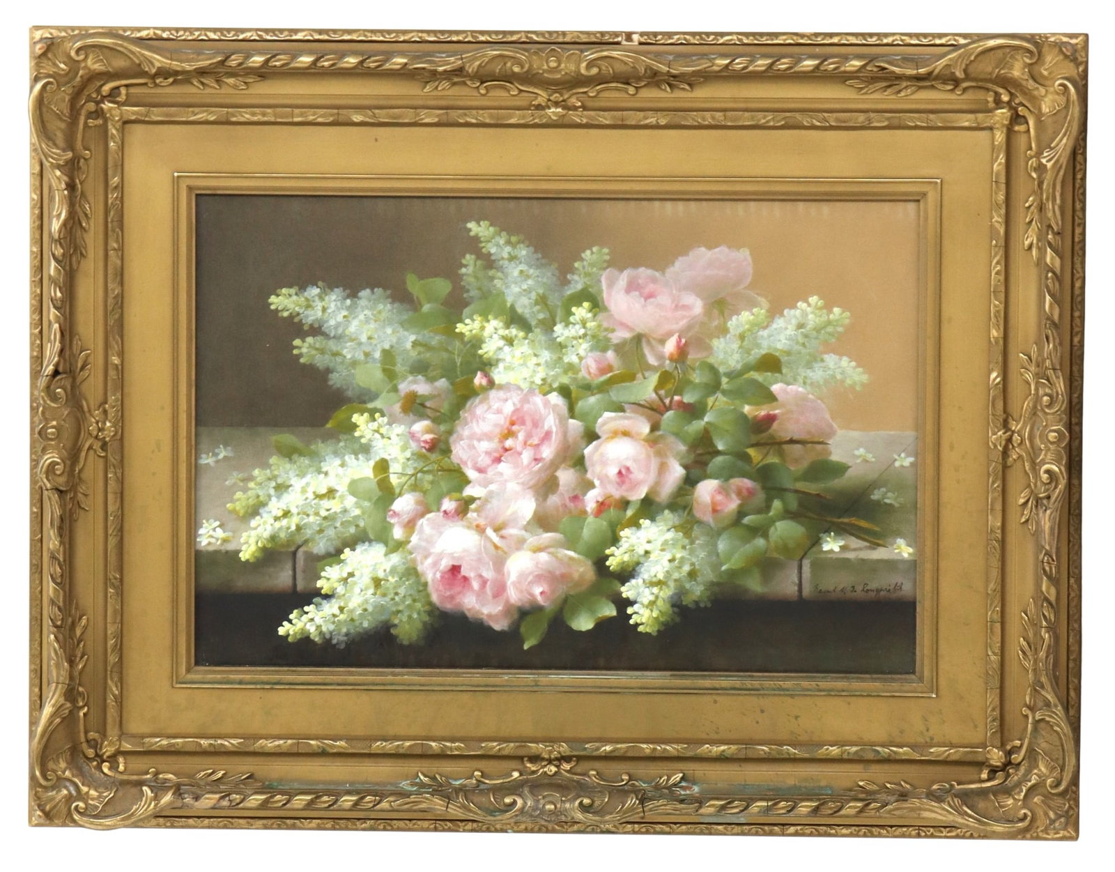 Raoul Maucherat de Longpre (1843-1911) French, Watercolor and Gouache Impressionist Floral: Raoul Maucherat de Longpré (1843-1911) French, Watercolor & Gouache Impressionist Floral. floral still life showcasing a lush arrangement of soft pink roses and delicate white lilacs 