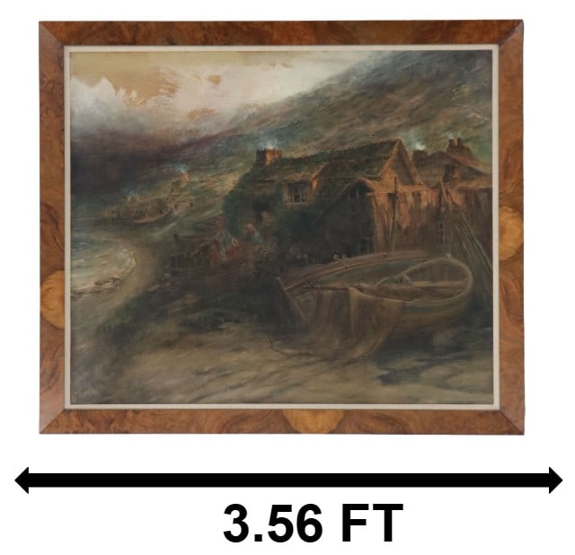 Robert Hopkins (1832-1909) Scottish/American, Antique Oil on Canvas Landscape: Robert Hopkins (1832-1909) Scottish/American, Antique Oil on Canvas Landscape. Depicts a quaint waterside shack with men near their boat on the rocky Scottish coast as magic hour draws 