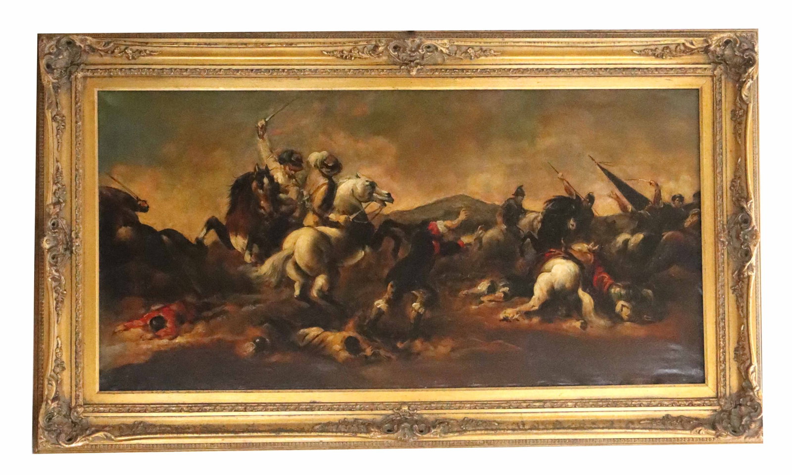 Italian Battle Scene Old Master Style Oil on Canvas: Italian Battle Scene Old Master Style Oil on Canvas. Dramatic Baroque-style oil painting depicts a chaotic cavalry battle amidst a hazy landscape, featuring rearing horses and soldiers in mid-clash un