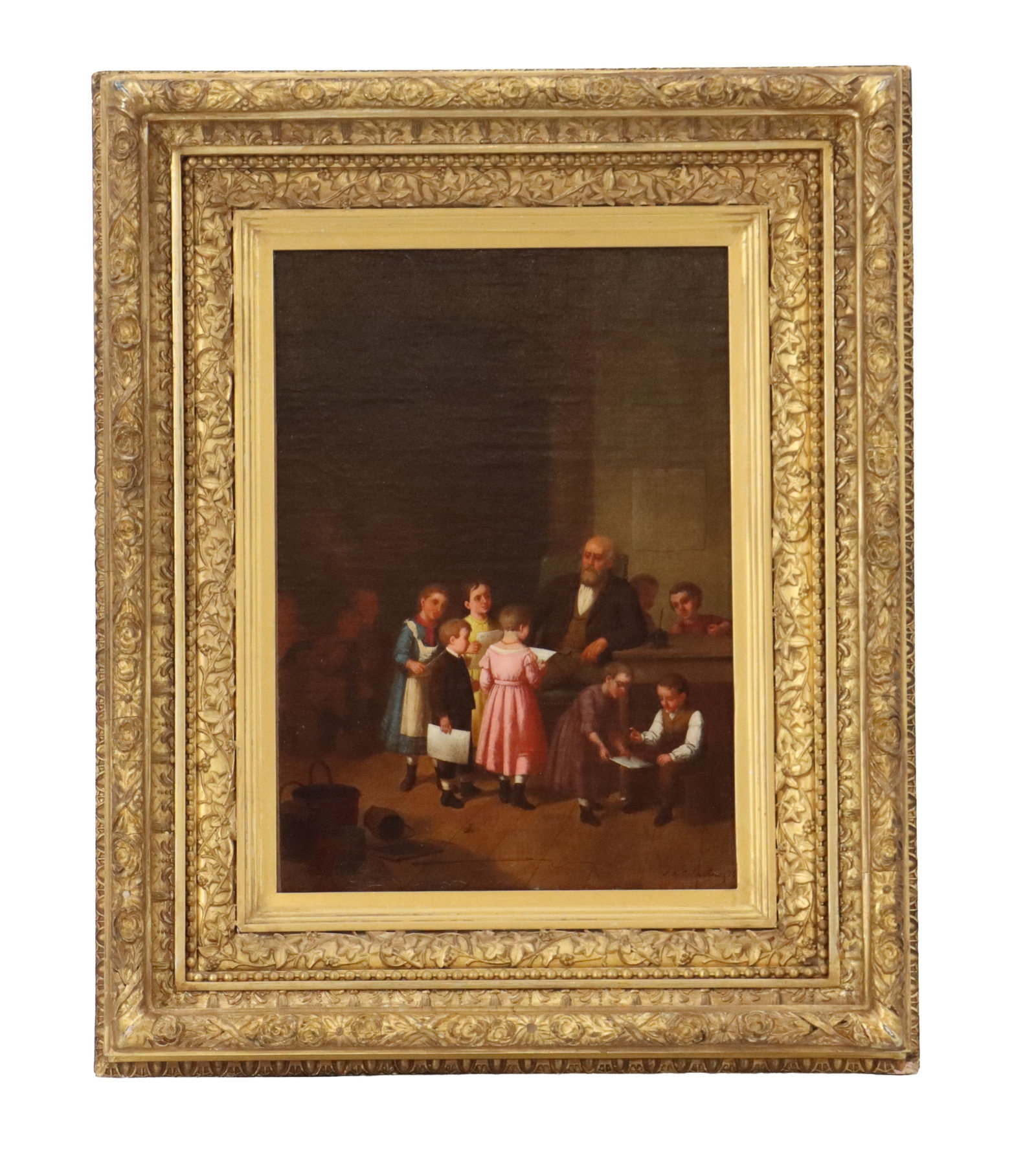 Johann Mengels Culverhouse (1820-1895) Dutch/American, "The Village School" Oil on Canvas: Johan Mengels Culverhouse (1820-1895) Dutch/American, "The Village School" Oil on Canvas. Depicts a quaint scene of children sharing the work with the schoolmaster, with a vibrant pink 