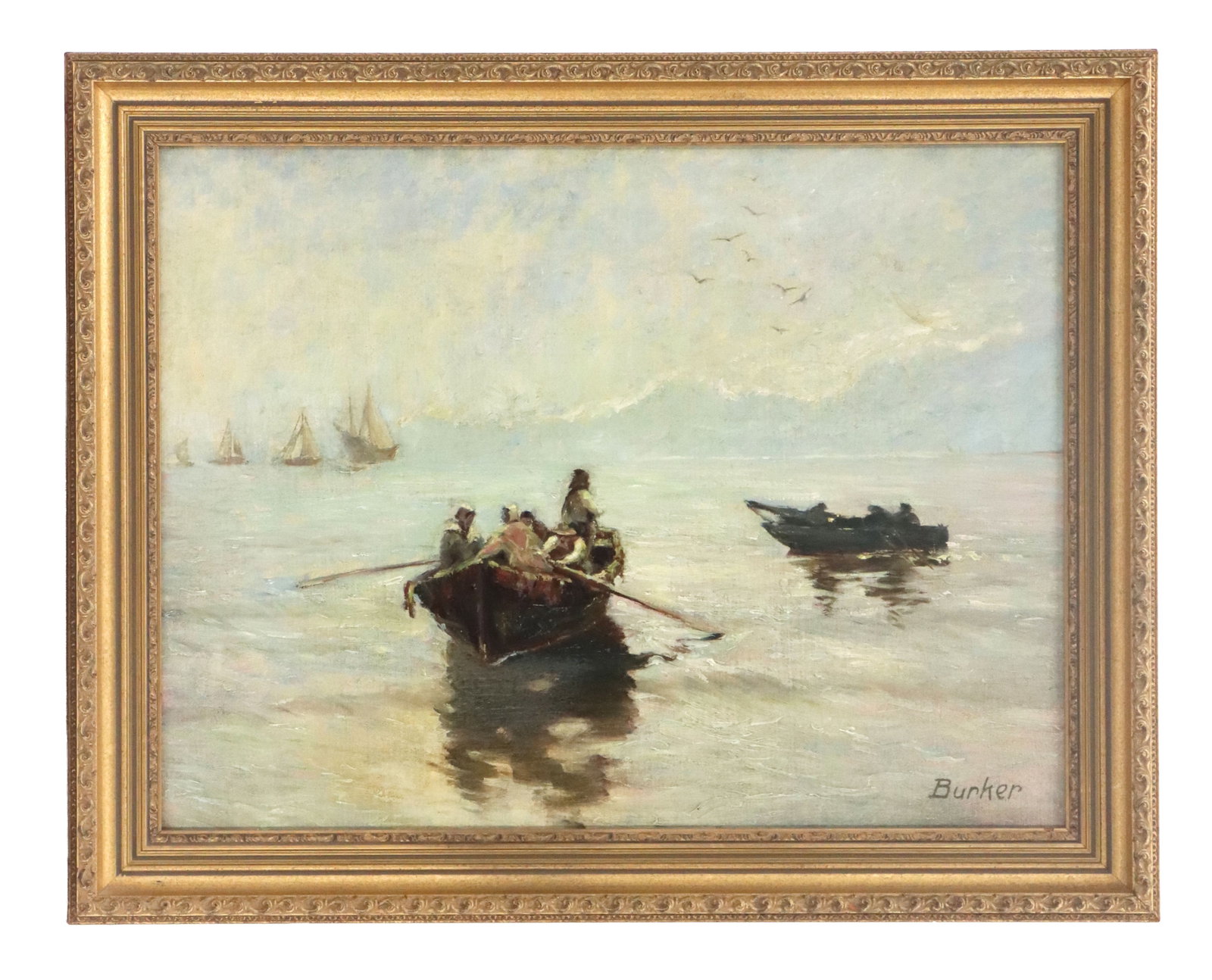 Antique Oil on Canvas on Board Painting of a Harbor Scene with People in Small Rowing Boats (1 of 11)