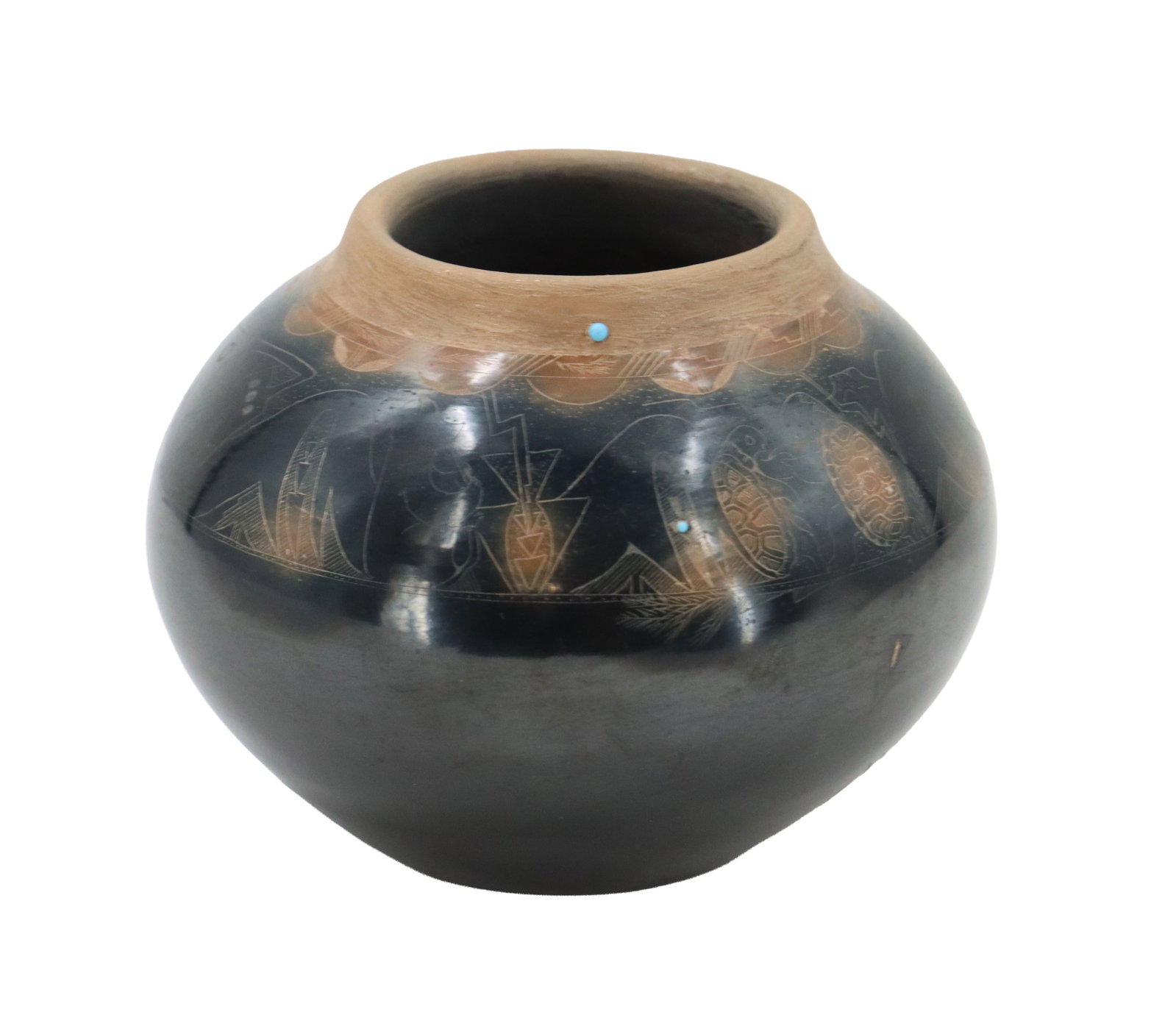 Kathy “Wan Povi?? Sanchez (Born 1950) Pueblo, Two-Tone Blackware and Turquoise Pottery Jar (1 of 16)