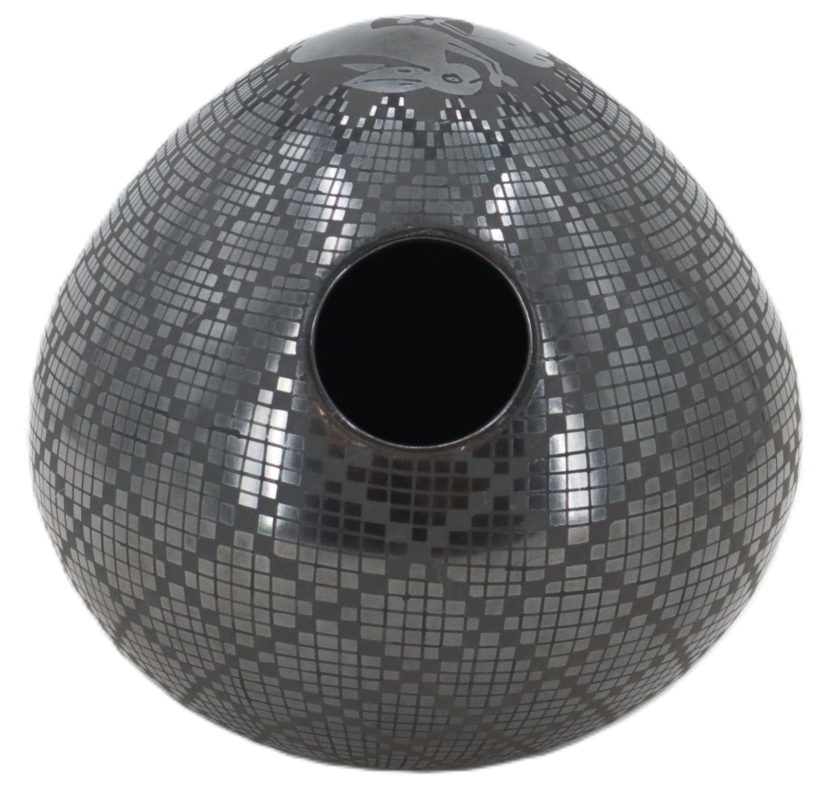 Castillo Ortiz Zapotec Black Pottery Seed Pot: Castillo Ortiz Zapotec Black Pottery Seed Pot. Globular black seed pot features a polished, metallic grid pattern across its surface and is adorned with a matte animal figure near the top opening