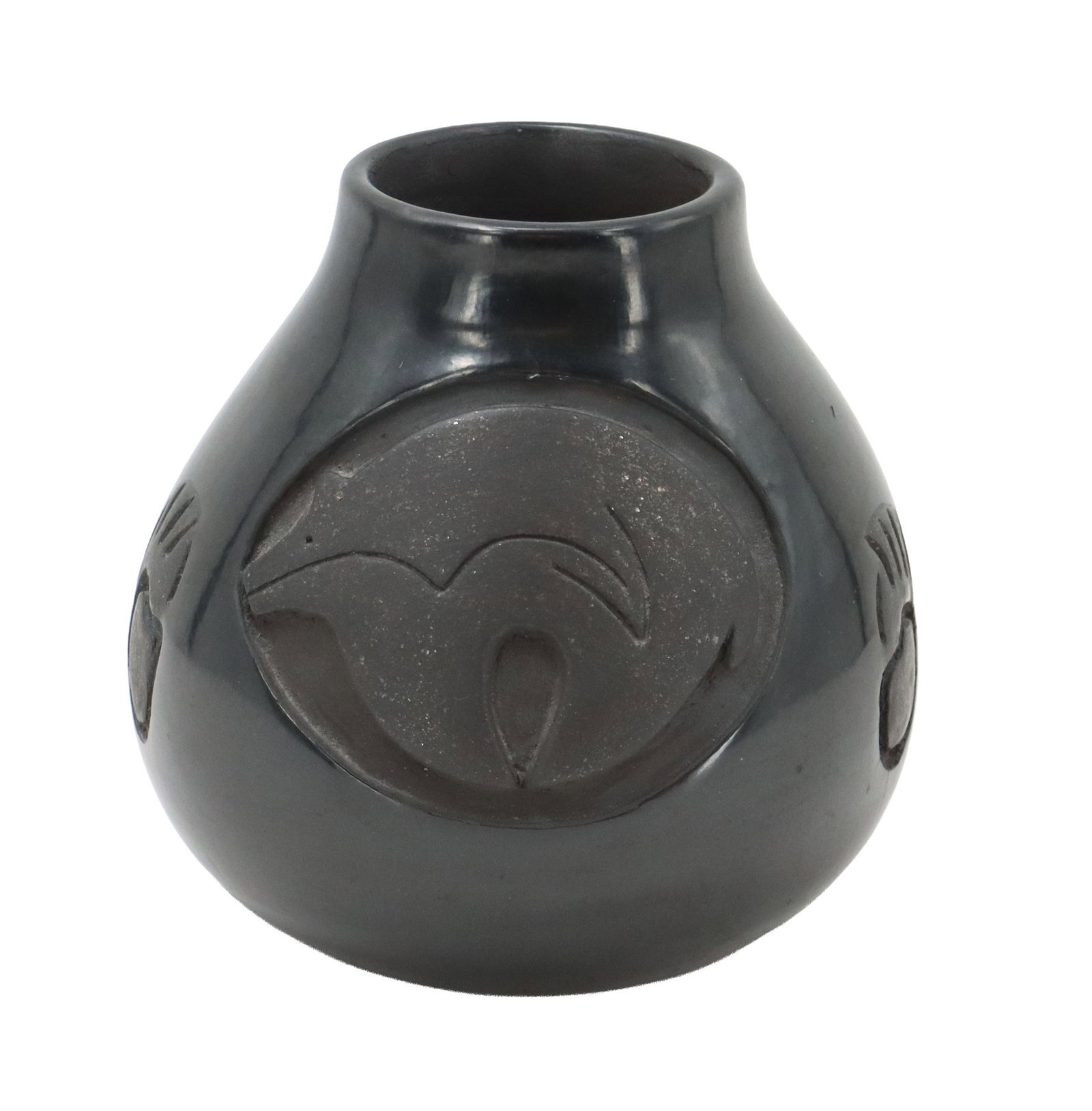 Adelphia Martinez (1935-2022) Pueblo, Blackware Pottery Jar: Adelphia Martinez (1935-2022) Pueblo, Blackware Pottery Jar. Depicts a stylized anteater and paw prints across the body. Signed on the underside. Size: 6 x 6 x 5 1/2 in. Adelphia