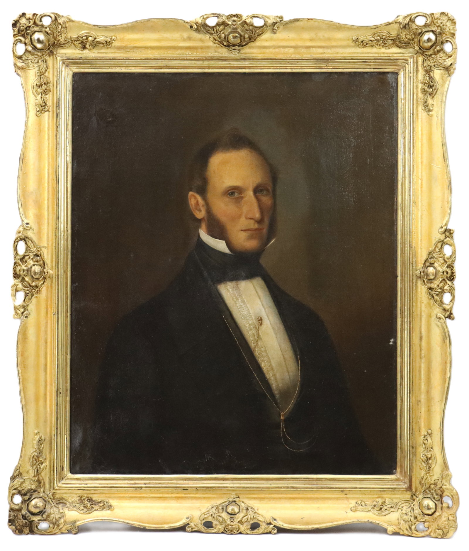 19th Century Bedermeier Style Portrait of a Gentleman: 19th Century Bedermeier Style Portrait of a Gentleman. Formal, nineteenth-century portrait of a man with mutton-chop sideburns, dressed in a dark suit with a high-collared shirt and waistcoat,