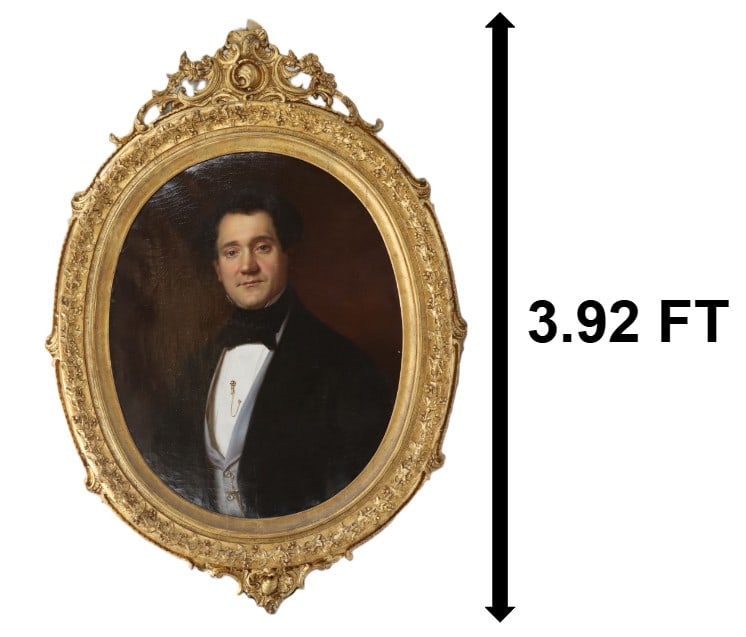 19th Century Oil on Canvas Portrait of a Gentleman: 19th Century Oil on Canvas Portrait of a Gentleman. Oil portrait of a 19th-century gentleman in formal attire, housed in an ornate, gilded oval frame. Framed. Overall Size: 47 x 34 in. 