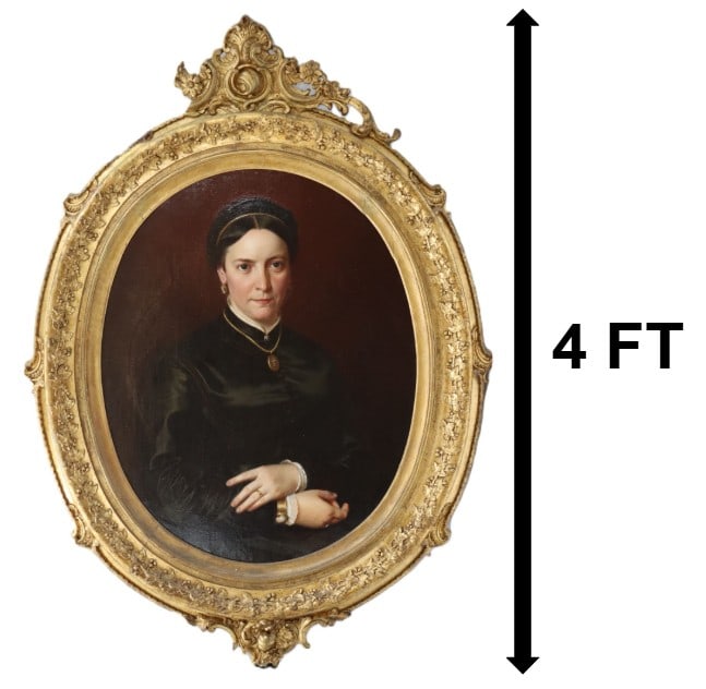 19th Century Oil on Canvas Ovoid Portrait: 19th Century Oil on Canvas Ovoid Portrait. Oval, nineteenth-century style portrait of a woman dressed in a dark, modest garment, captured in a formal pose with her hands gently folded. Unsigned.
