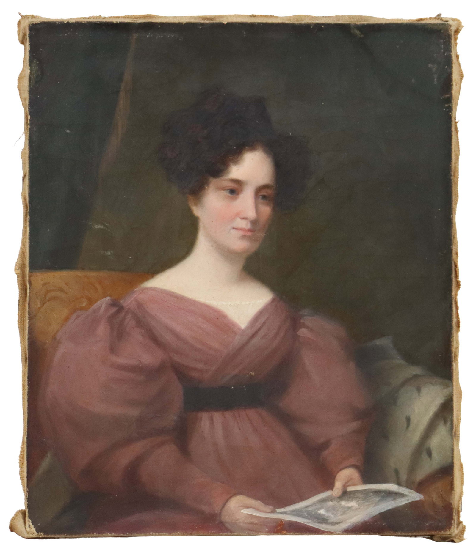 19th Century Oil on Canvas Traditional Portrait of a Woman: 19th Century Oil on Canvas Traditional Portrait of a Woman. Mineteenth-century portrait of a woman with dark, styled hair, seated in a chair and wearing a mauve dress with voluminous sleeves while