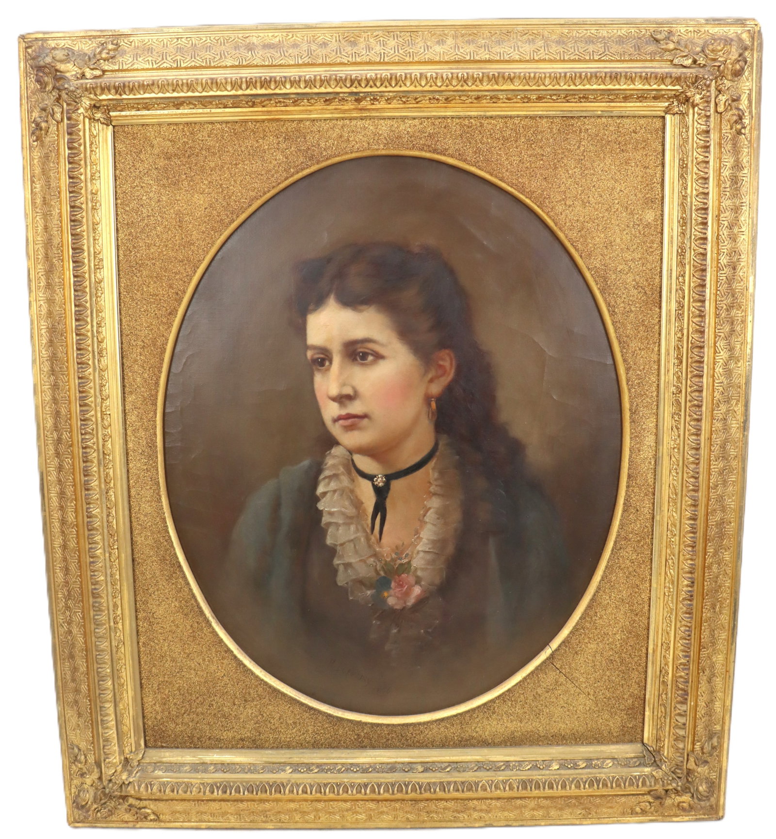 Horace Duesbury (1851-1904), Oil on Canvas, 1886 Portrait of a Young California Lady - Miss Jennie: Horace Duesbury (1851-1904), Oil on Canvas, 1886 Portrait of a Young California Lady - Miss Jennie E. Morton. Signed. Overall Size: 37 x 31 in. Sight Size: 25 x 20 in. Thickness: 3 in.&nbs