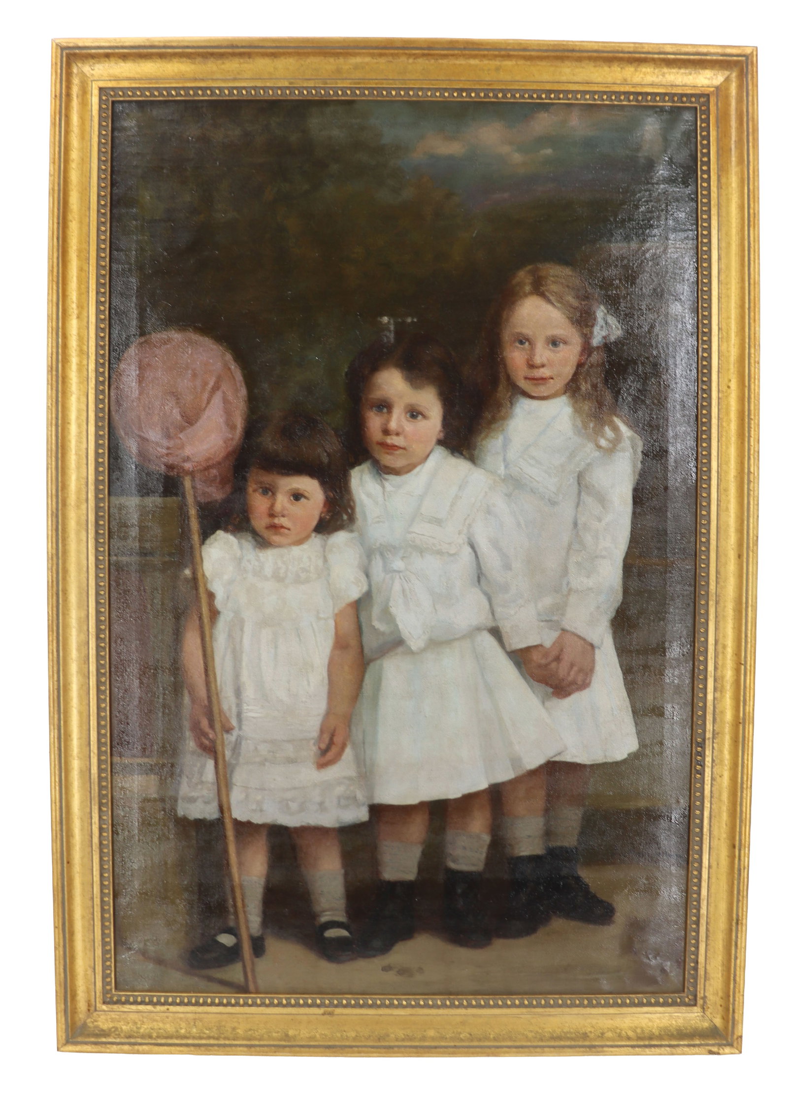 J. Maisner, 19th/20th Century Polish, Large Oil on Canvas Painting of Three Young Girls in White: J. Maisner, 19th/20th Century Polish, Large Oil on Canvas Painting of Three Young Girls in White Dresses. The youngest is holding a butterfly net. Signed and dated lower right. Overall Size: 43 x 29 1
