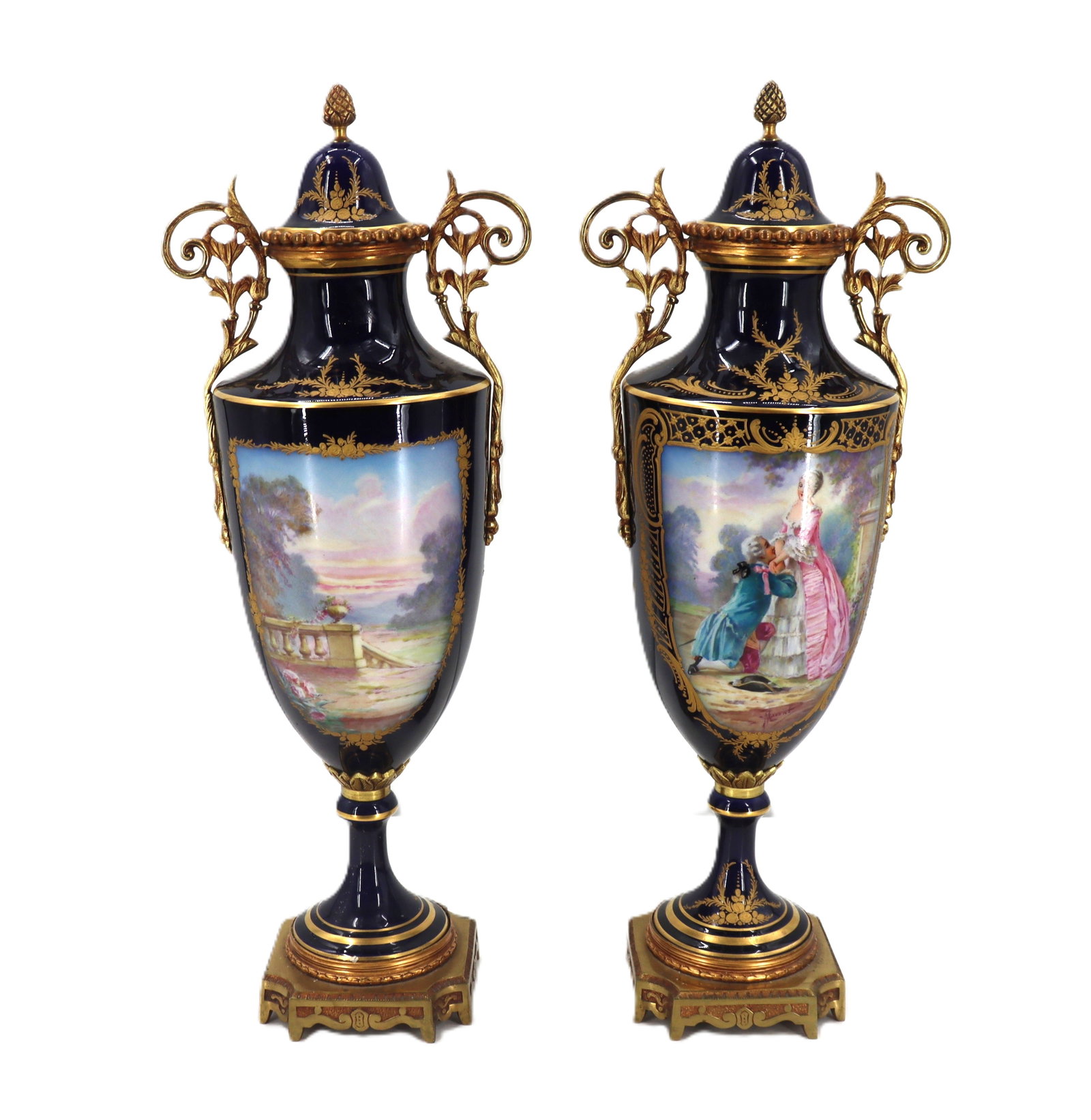 Pair of French Sevres Porcelain Covered Urns: Pair of French Sevres Porcelain Covered Urns. Marked on base with Sevres mark and Chateau de Longpre mark. Size: 8 x 20 1/2 in.