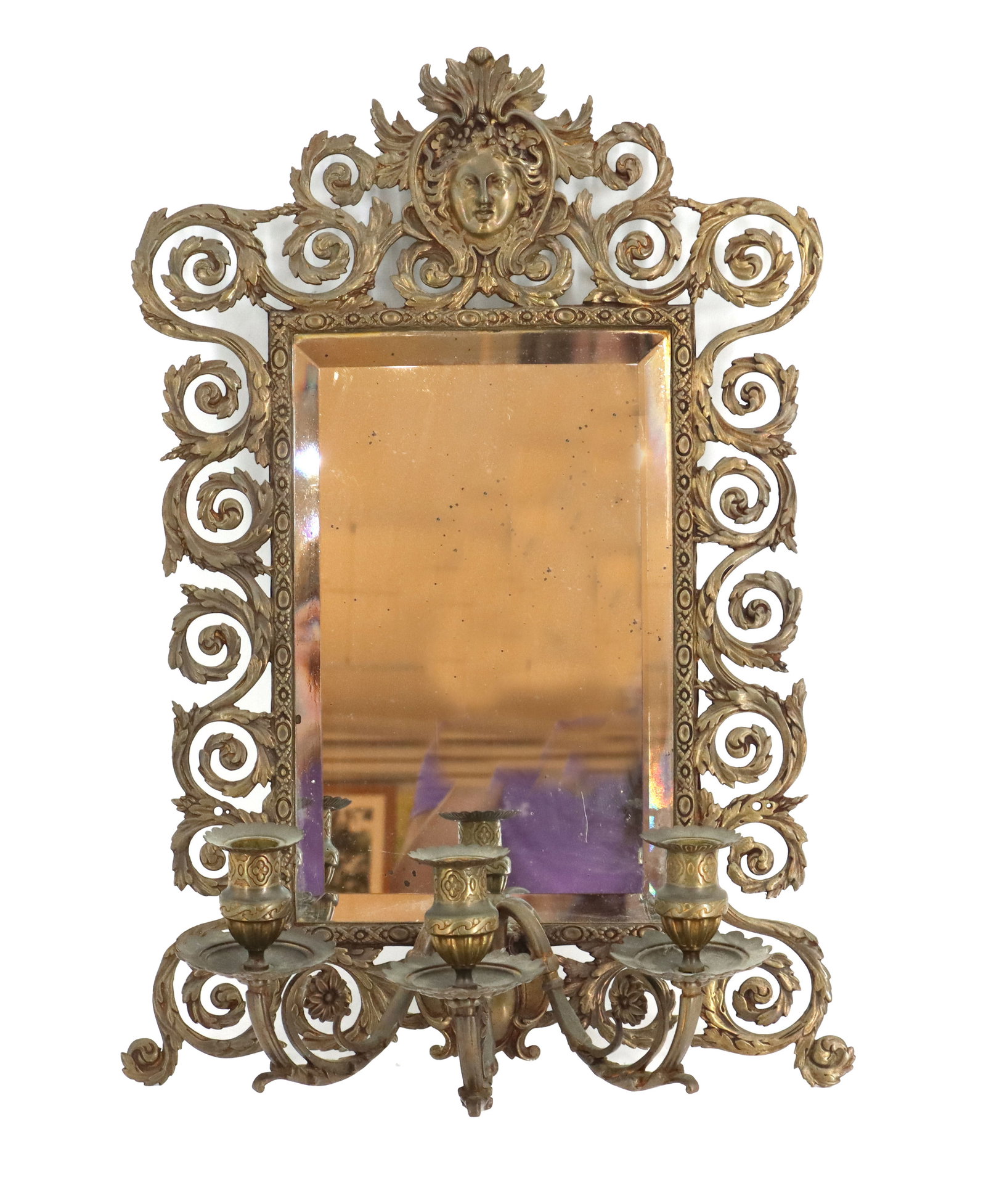 Antique Neoclassical Opulent Gilt Bronze Wall Mirror with 3 Candle Holders (1 of 13)