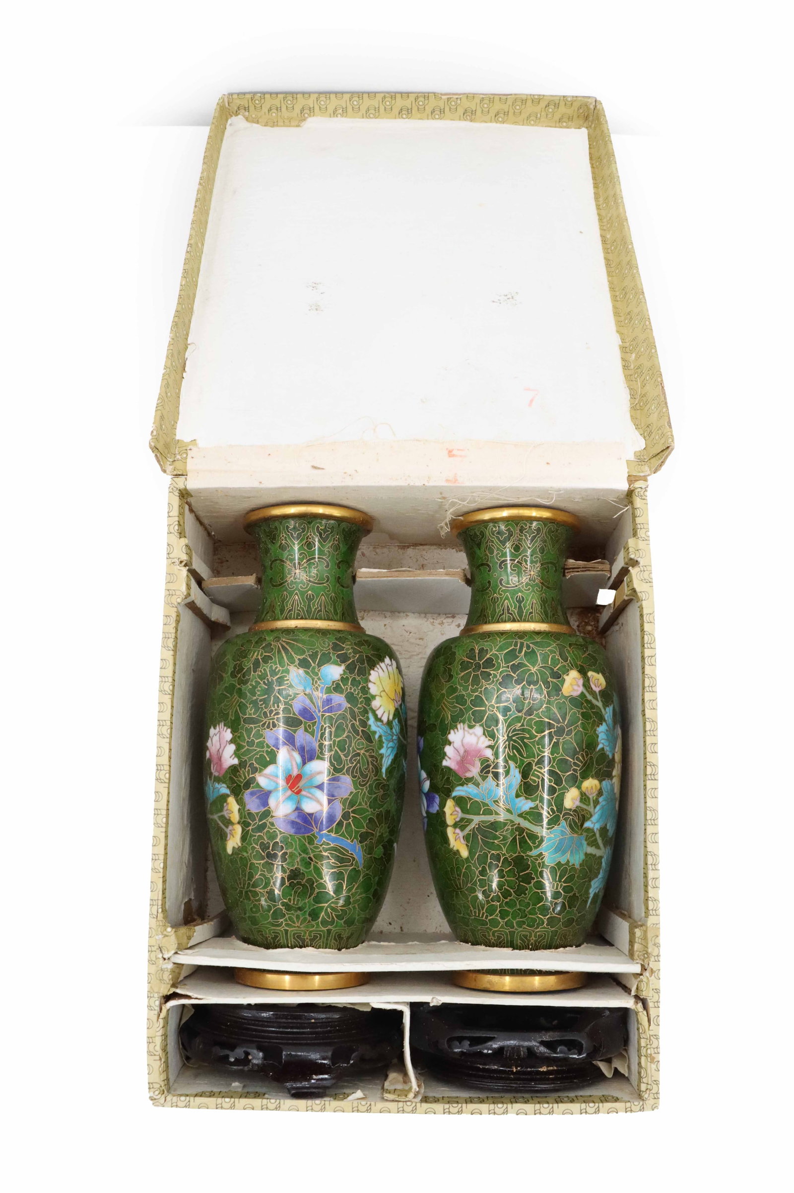 (2) Chinese Cloisonne Gilt Wire Vases in Fitted Box (1 of 19)