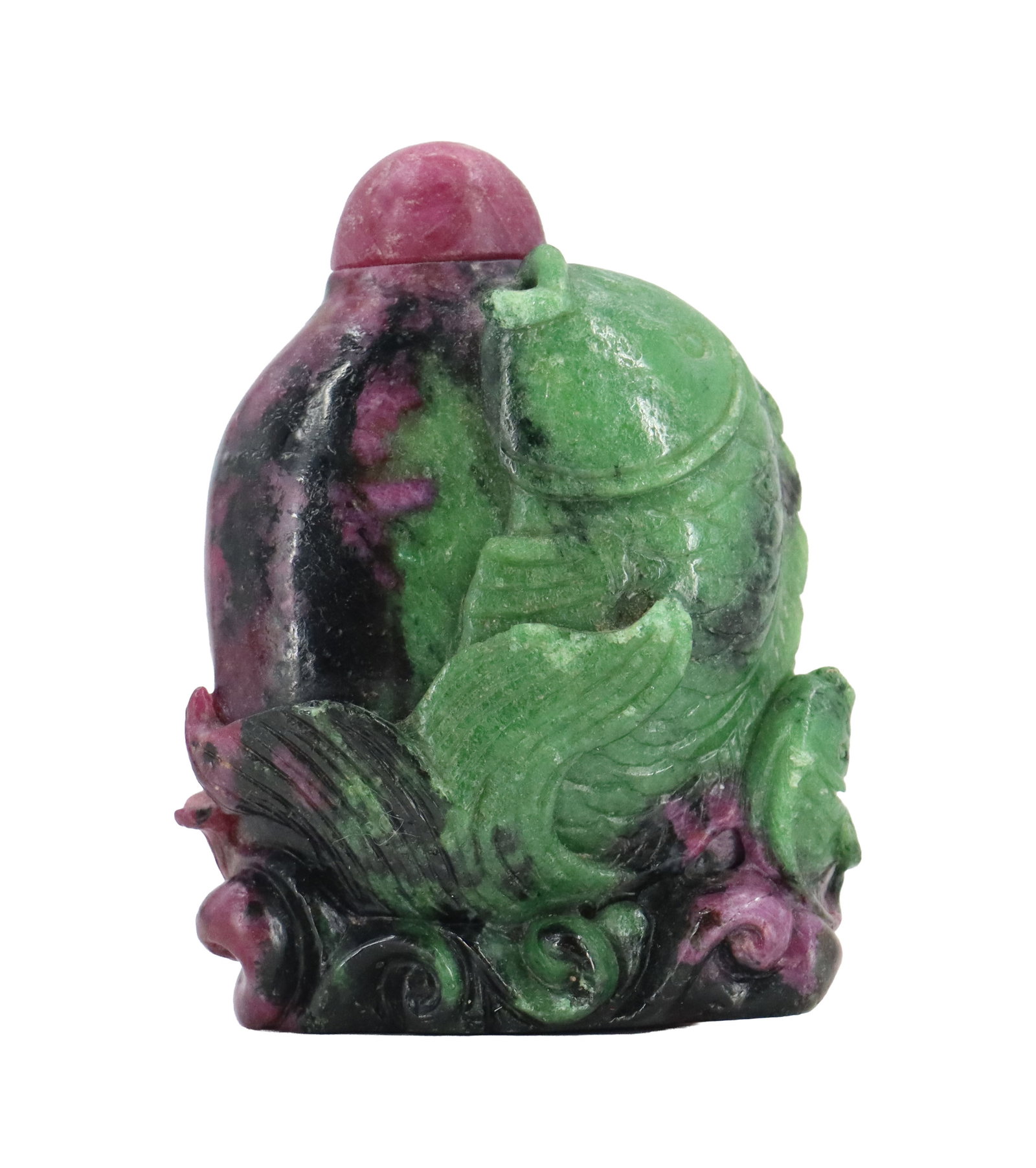 Chinese Ruby-in-Zoisite Carved Snuff Bottle with Koi in Waves in Relief (1 of 14)