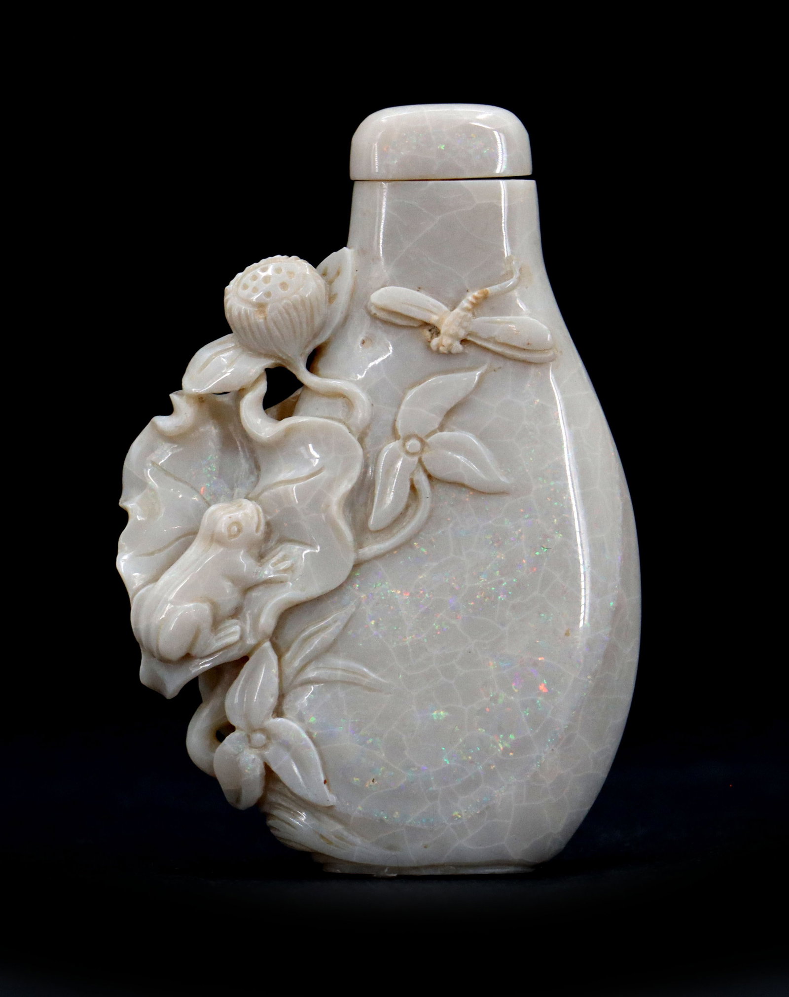 Chinese Carved White Opal Snuff Bottle with Lotus and Dragonfly Relief (1 of 14)