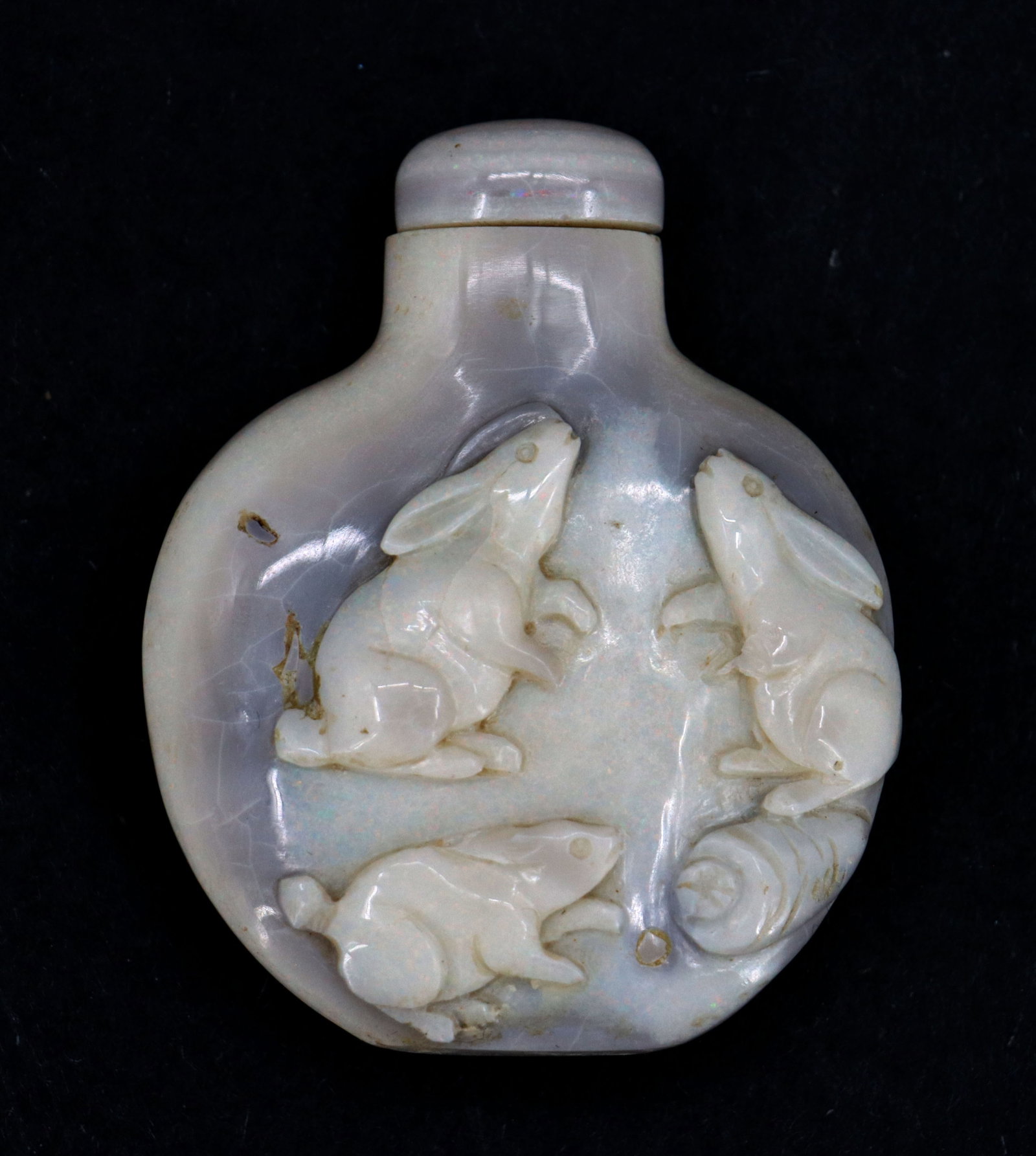Chinese Carved White Opal Snuff Bottles with Rabbits in Relief (1 of 11)