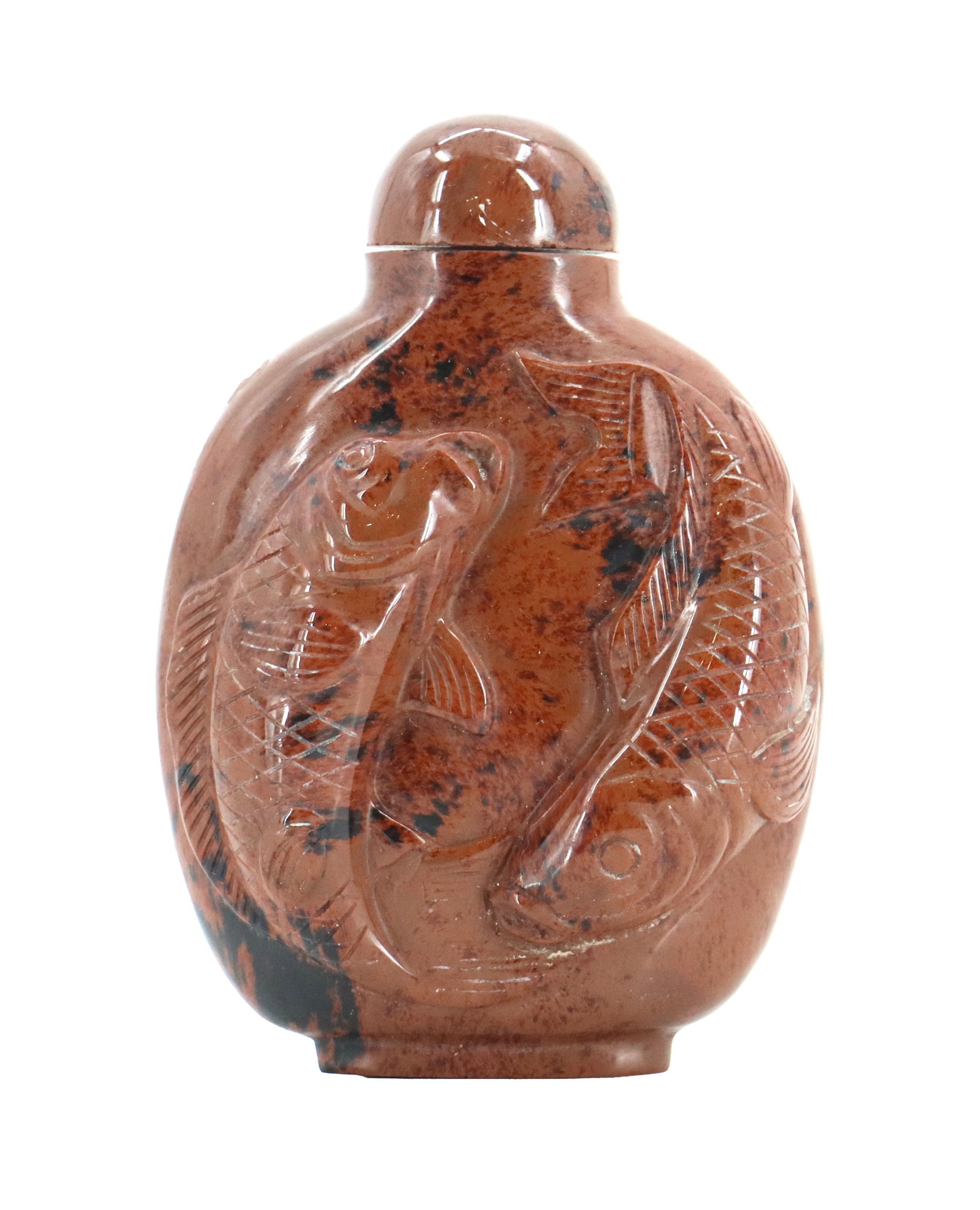 Chinese Carved Mahogony Obsidian Snuff Bottle with Koi in Low Relief (1 of 13)