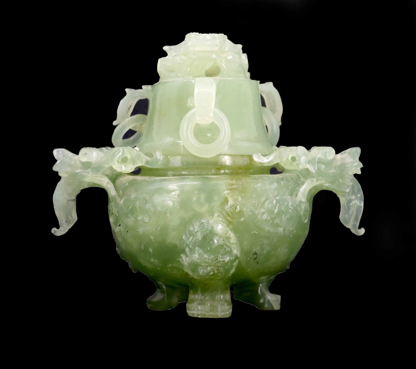 20th Century Chinese Carved Jade Censer: 20th Century Chinese Carved Jade Censer. Ornate, hand-carved celadon jade incense burner featuring a domed lid with a dragon finial, loose-ring handles, and intricate low-relief floral and mythical mo