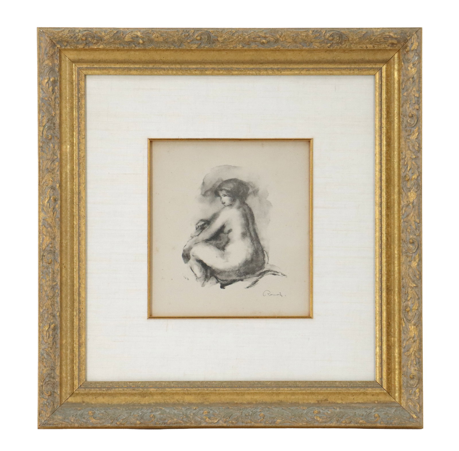 Pierre-Auguste Renoir (1841-1919) French, "Study of a Seated Woman" Lithograph: Pierre-Auguste Renoir (1841-1919) French, "Study of a Seated Woman" Lithograph. Produced in 1904. Signed bottom right. Label on back of frame. Overall Size: 23 1/4 x 24 1/4 in.&nb