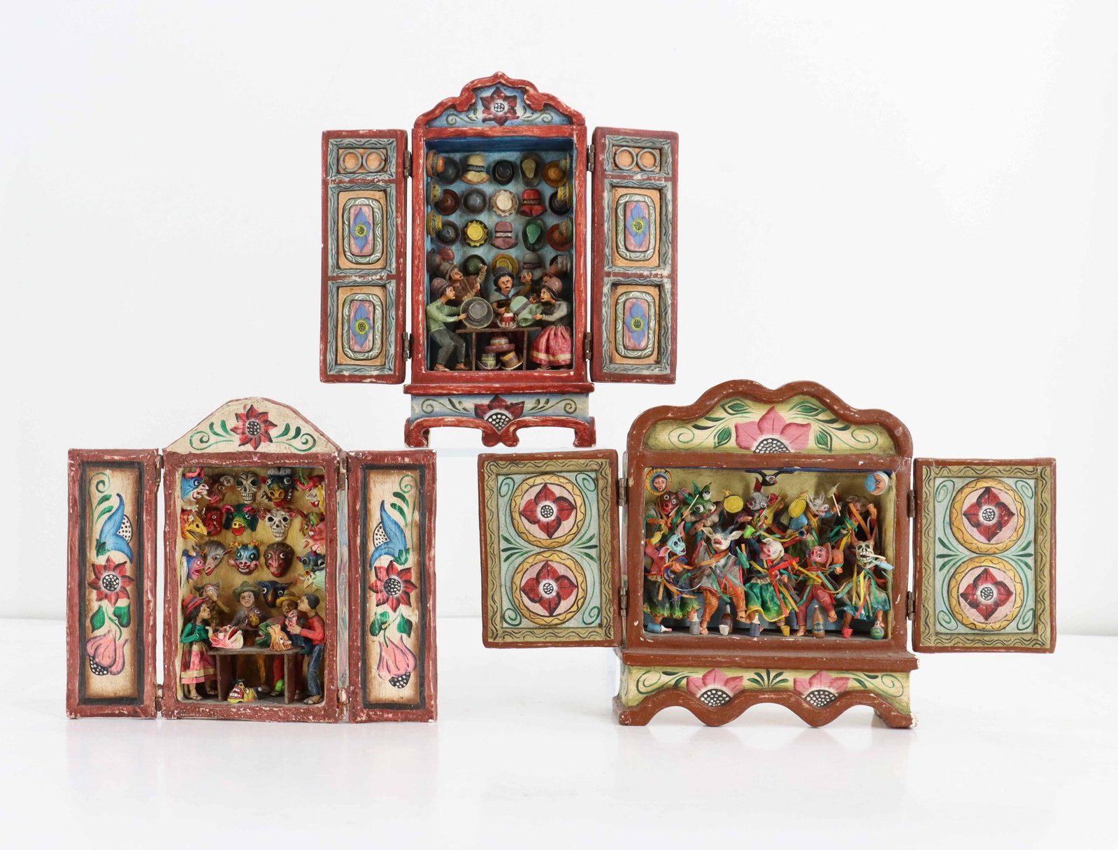 Nicario Jiminez Quispe (Born 1957) Peruvian, Three Retablos with Vibrant Traditional Scenes (1 of 19)