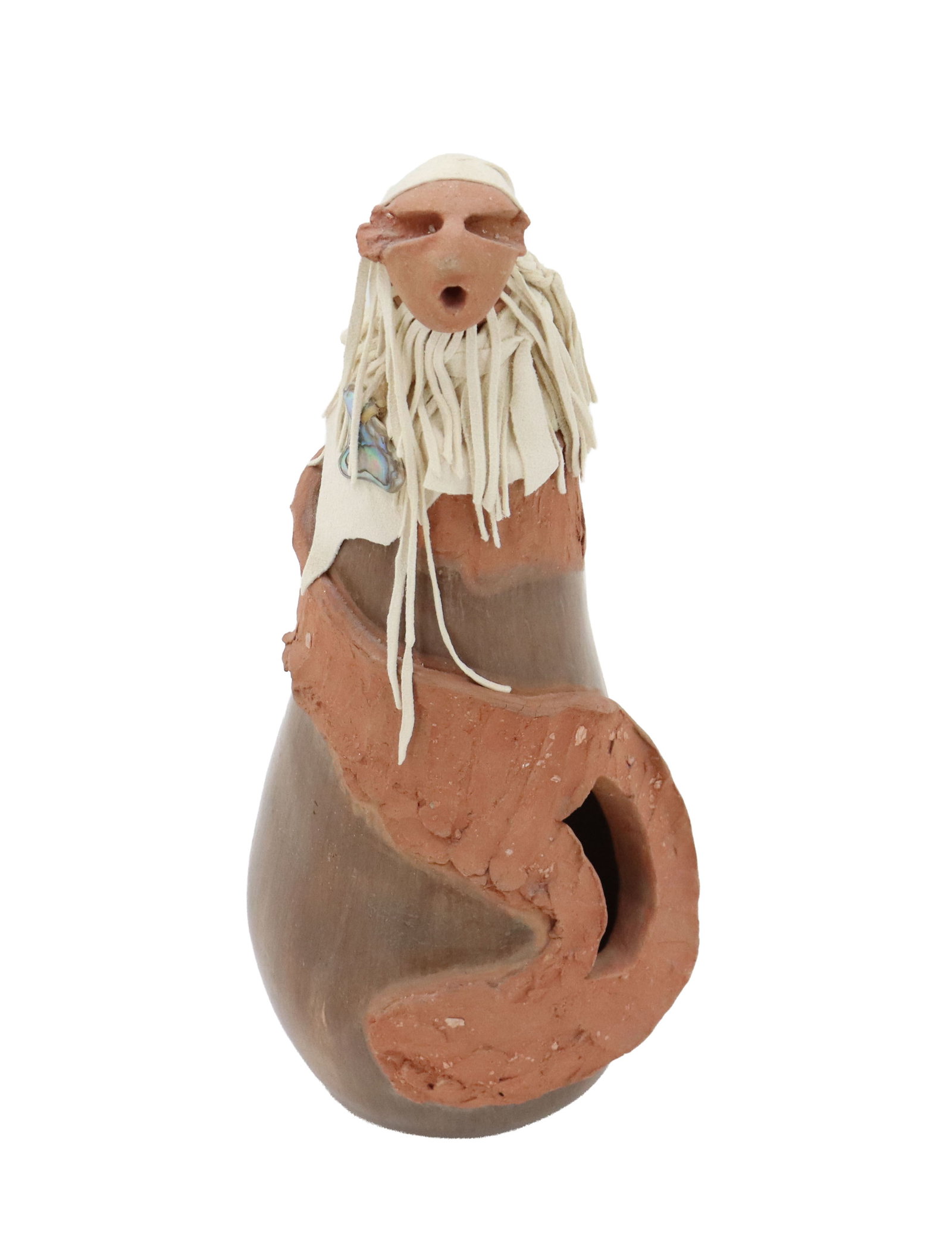 Virgil Ortiz (Born 1969) Pueblo, Modernist Cochiti Monos Figural Sculptural Pottery: Virgil Ortiz (Born 1969) Pueblo, Modernist Cochiti Monos Figural Sculptural Pottery. Depicts a figure with a surprised expression, their body an abstract mass with iridescence and white drizzle comple