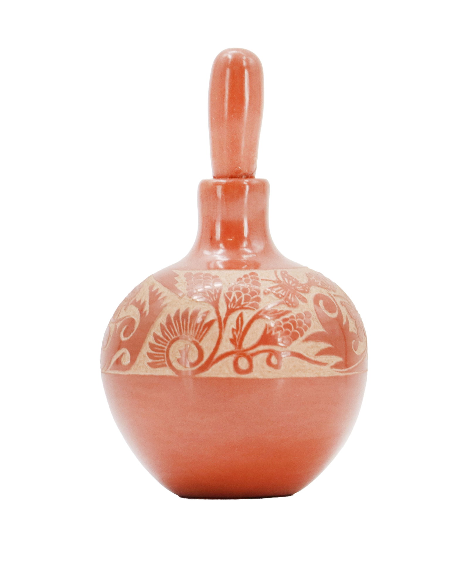 Grace "Medicine Flower" Tafoya (Born 1938) Pueblo, Santa Clara Diminutive Redware Jar with Stopper: Grace "Medicine Flower" Tafoya (Born 1938) Pueblo, Santa Clara Diminutive Redware Jar with Stopper. Sgraffito design all around the top half of the piece with floral and insect forms. Stopper molded f