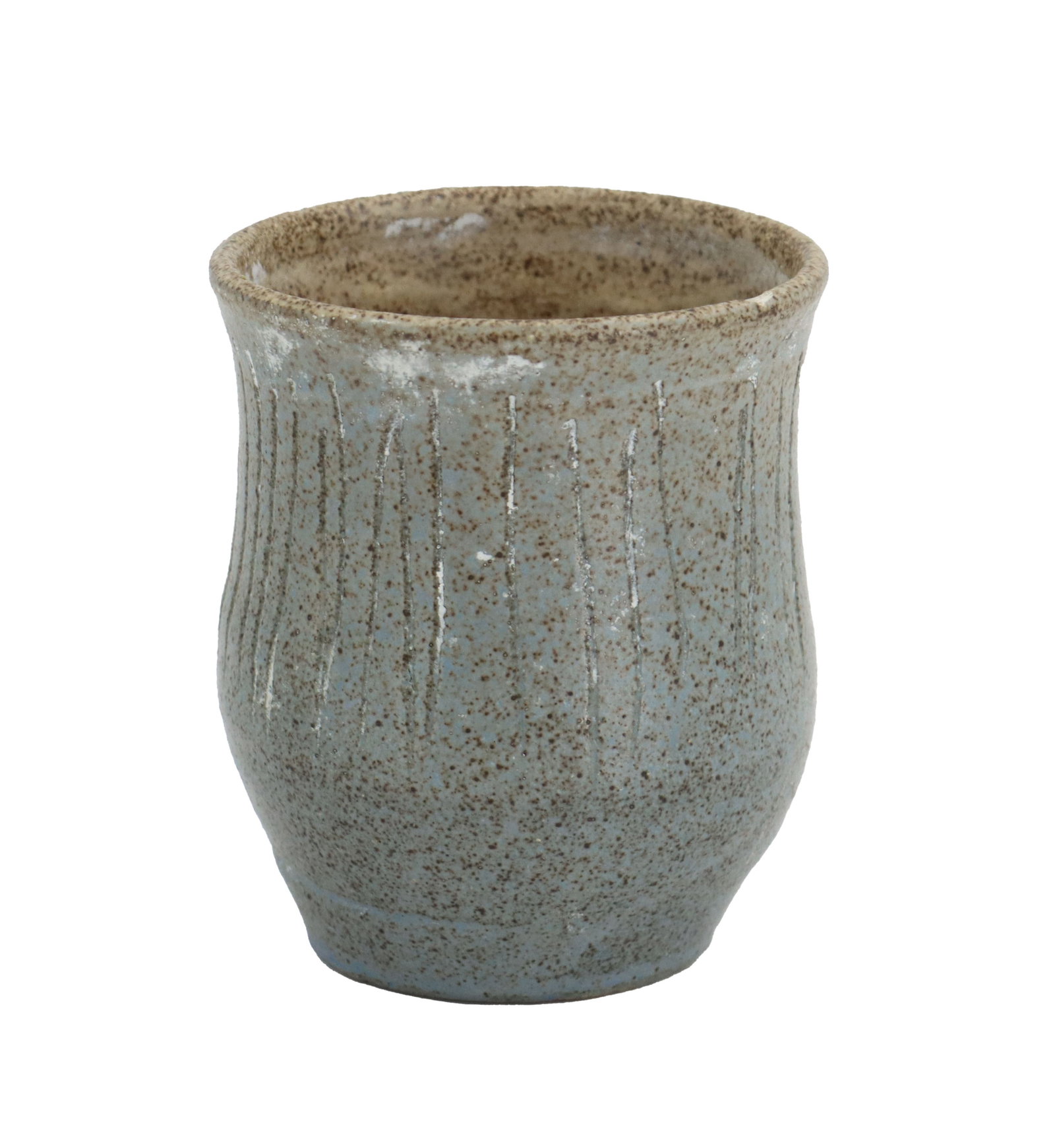 Charles Counts (1934-2000) American, 1988 Speckled Glaze Incised Ceramic Vase: Charles Counts (1934-2000) American, 1988 Speckled Glaze Incised Ceramic Vase. Light blue shade throughout, with vertical incised lines around the top half. On the bottom half the sculptor's mark 