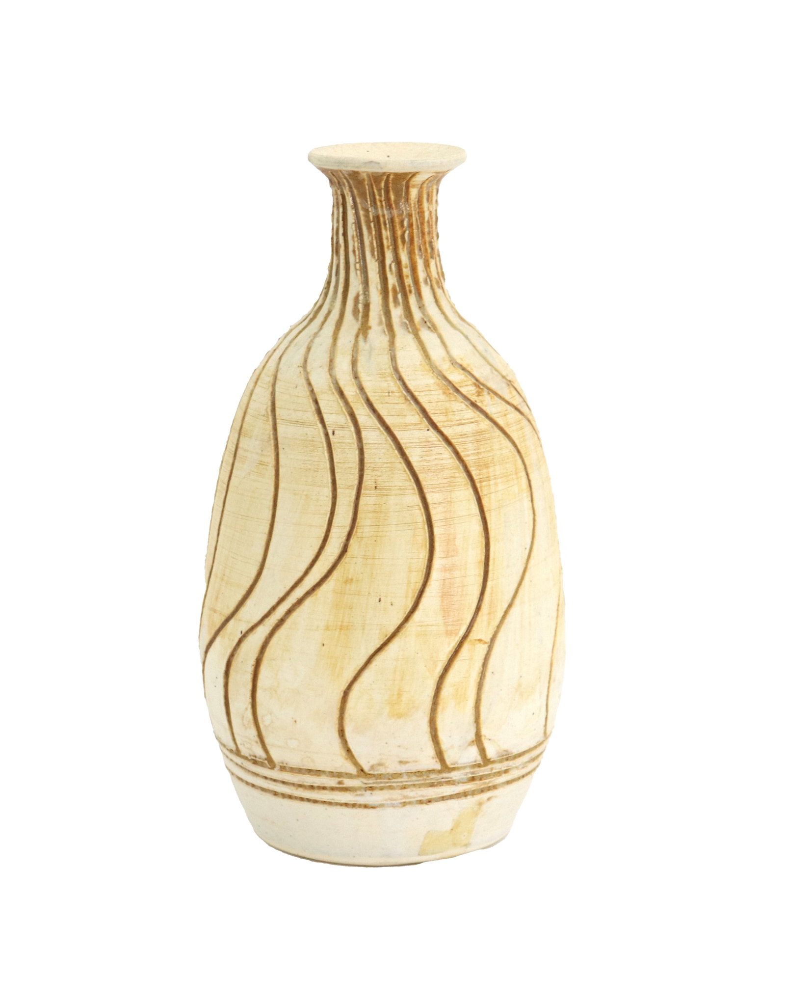 Charles Counts (1934-2000) American, Incised Spiral Ceramic Vase: Charles Counts (1934-2000) American, Incised Spiral Ceramic Vase. Beige tone throughout, with a flared mouth on a thin neck and deep gouged lines running in asymmetrical curves that form a spiral desi