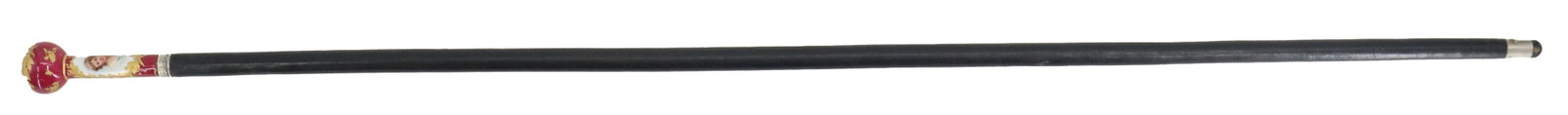 Antique European Walking Cane with Hand Painted Porcelain Ball Handle: Antique European Walking Cane with Hand Painted Porcelain Ball Handle. The wood is black lacquered with a metal brace at the bottom. The porcelain has a portrait of a lady painted on it surrounded by 