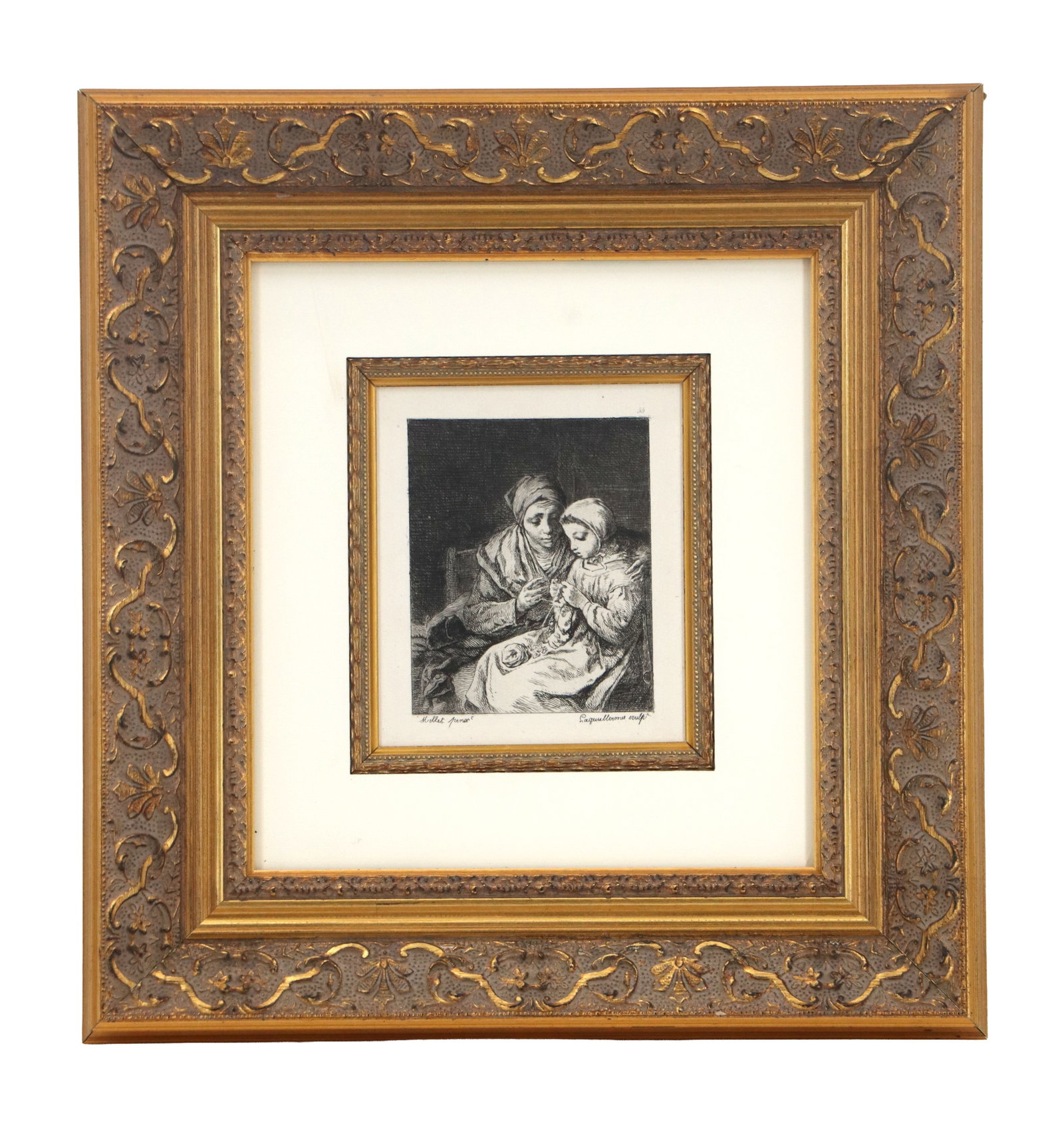 Jean Millet (1814-1875) French, "Lecon de Tricot" Framed First Printing Etching on Paper (1 of 9)