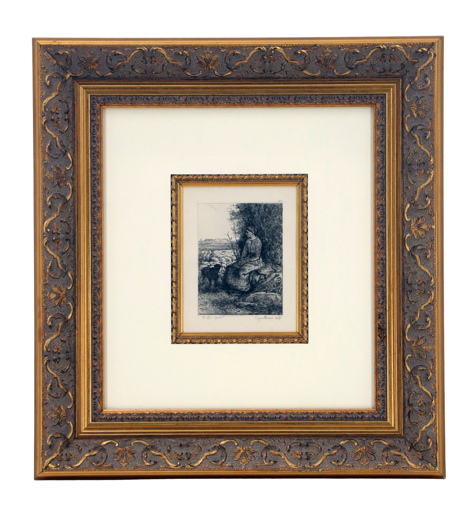 Jean Millet (1814-1875) French, "Bergere Pres d'un Bois" Framed First Printing Etching on Paper: Jean Millet (1814-1875) French, "Bergere Pres d'un Bois" Framed First Printing Etching on Paper. Etching in black ink on fine watermarked laid paper, hand pulled from the copper pla
