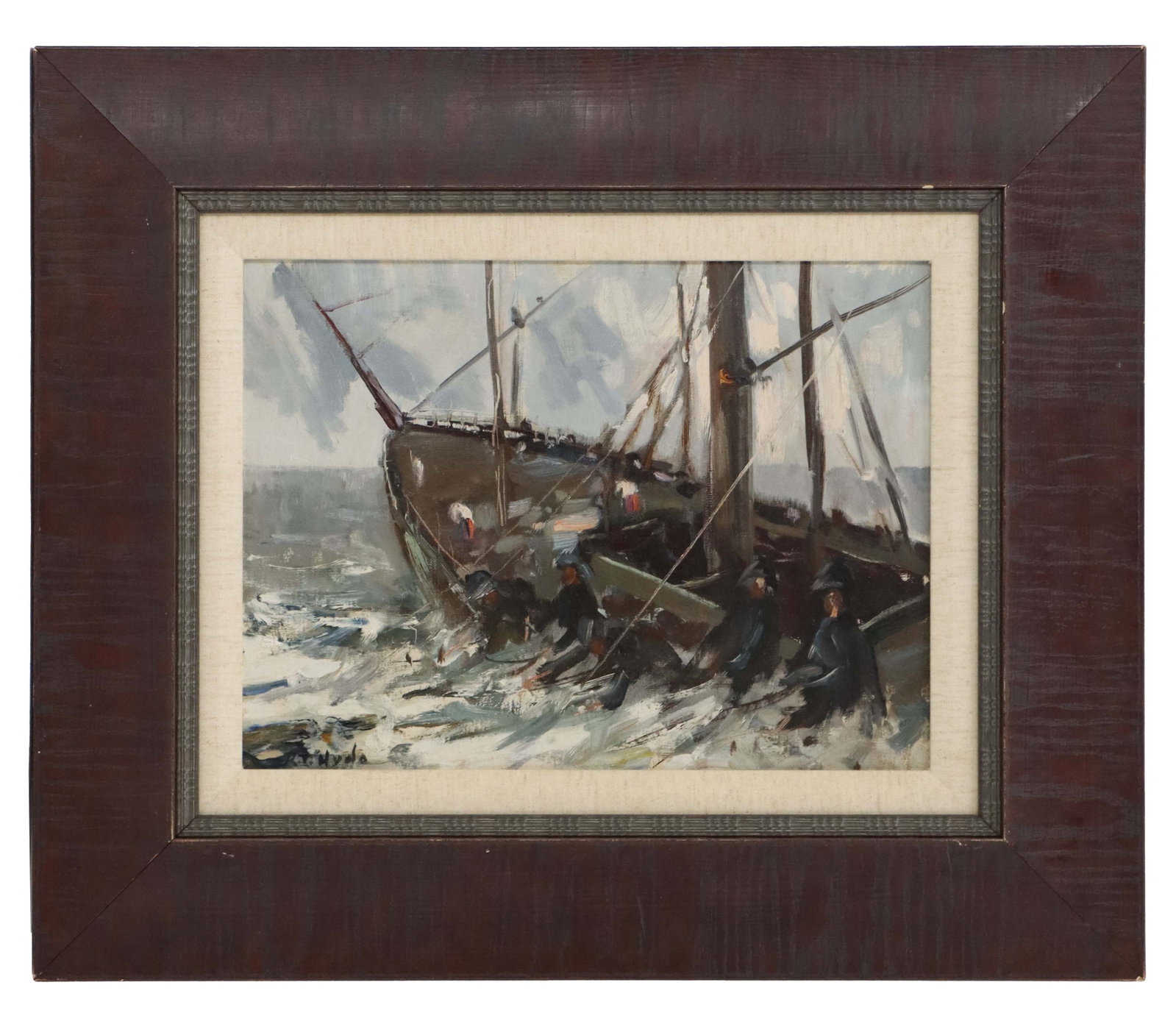 Russell Taber Hyde (1886-1966) American, Oil on Board Fishermen Pulling the Nets: Russell Taber Hyde (1886-1966) American, Oil on Board Fiserhman Pulling the Nets. Oil painting in a dark wooden frame depicting a dramatic, impressionistic scene of a boat struggling through choppy, s