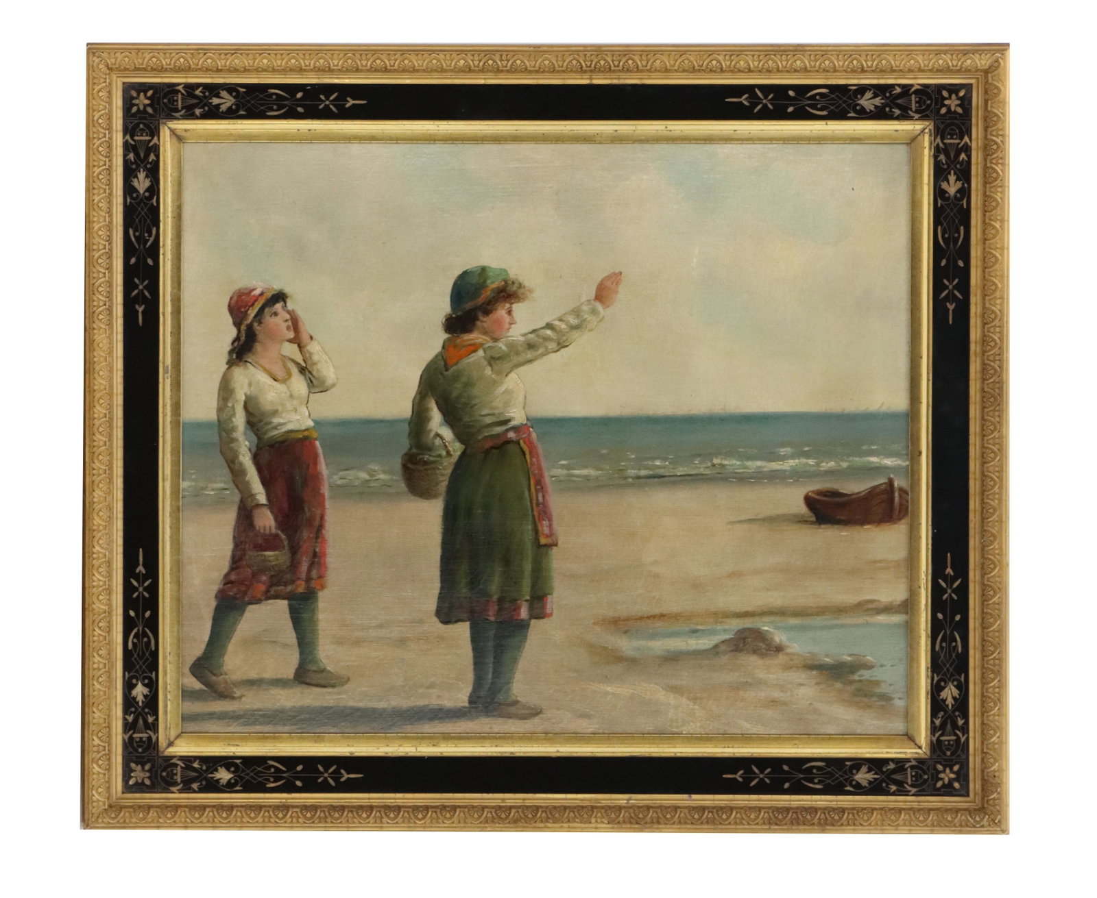 19th Century Continental Oil on Board Genre Scene of Two Women on Beach (1 of 10)