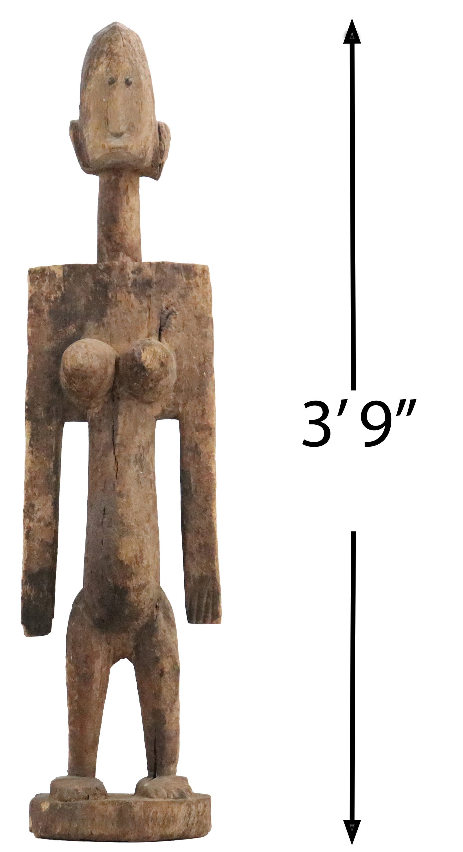 Tall African Bambara Hand Carved Wooden Figure: Tall African Bambara Hand Carved Wooden Figure. A highly stylized female form with a slender neck, prominent breasts, and squared shoulders standing on a circular integral base. Size: 10 x 9 x 43