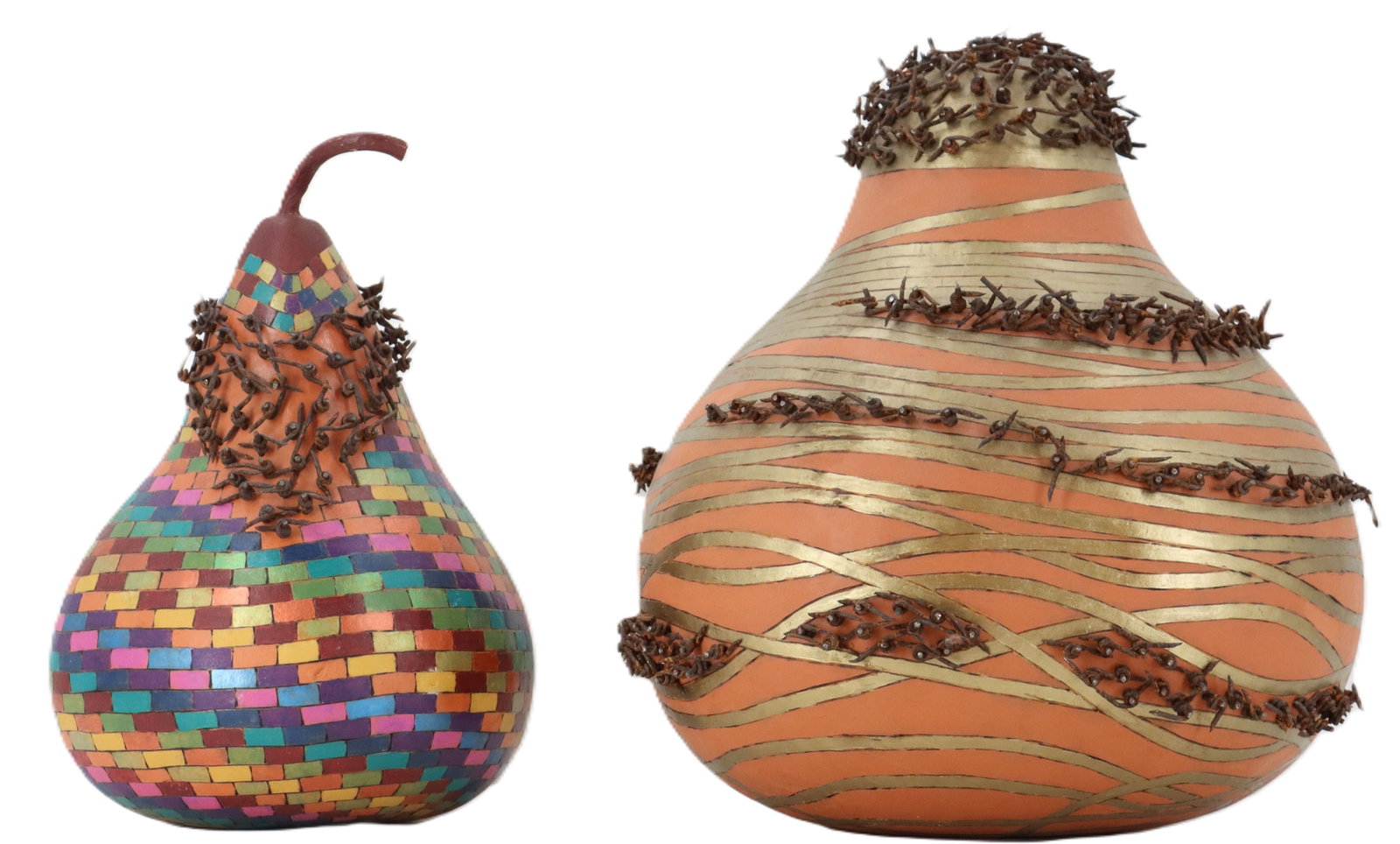 (2) Signed Decorated Barbed Wire Gourd Art Pieces (1 of 20)