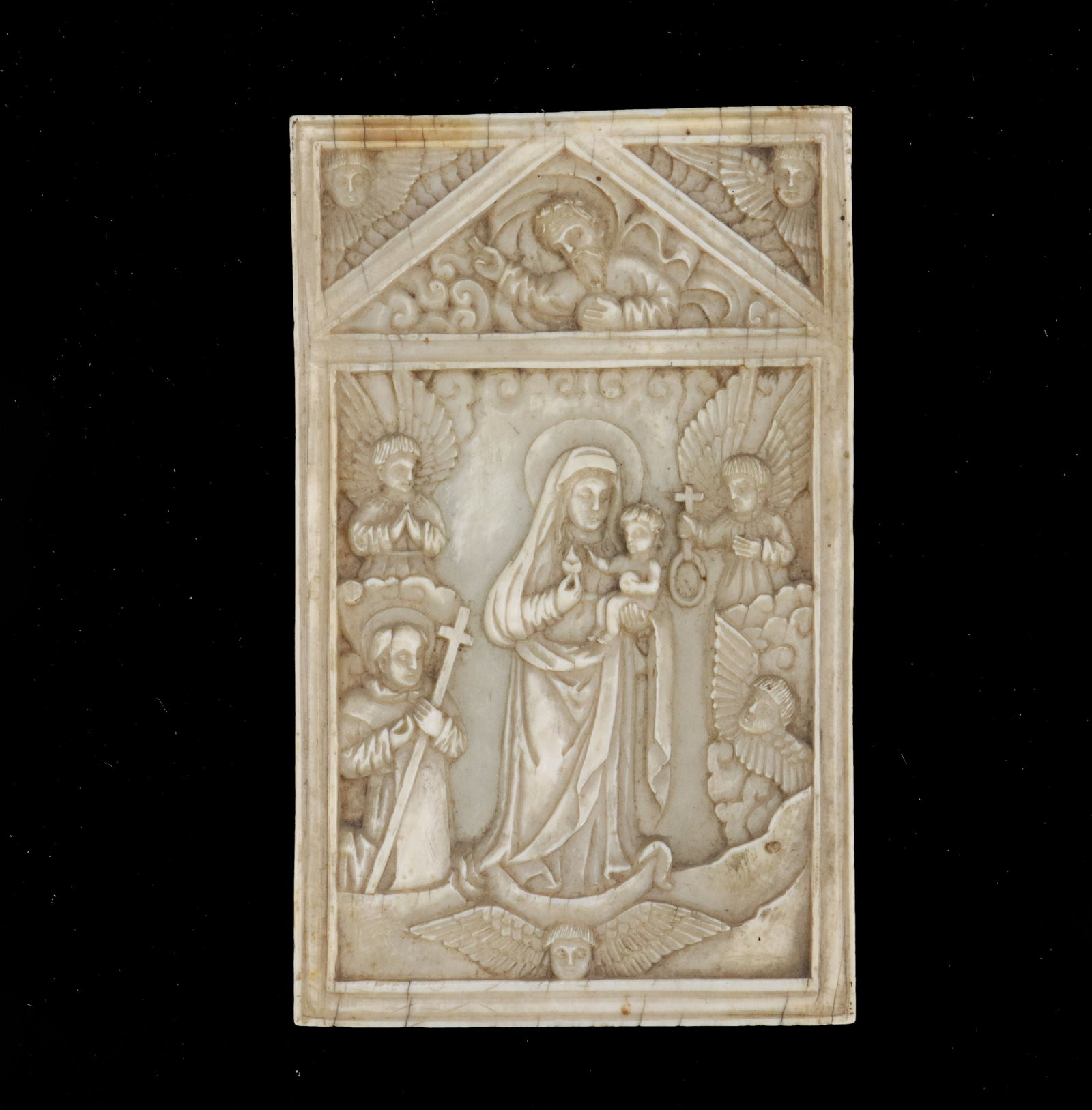 Rare Renaissance Bone Plaque, "The Virgin and Child with Angels, St. Francis, and God the Father (1 of 11)
