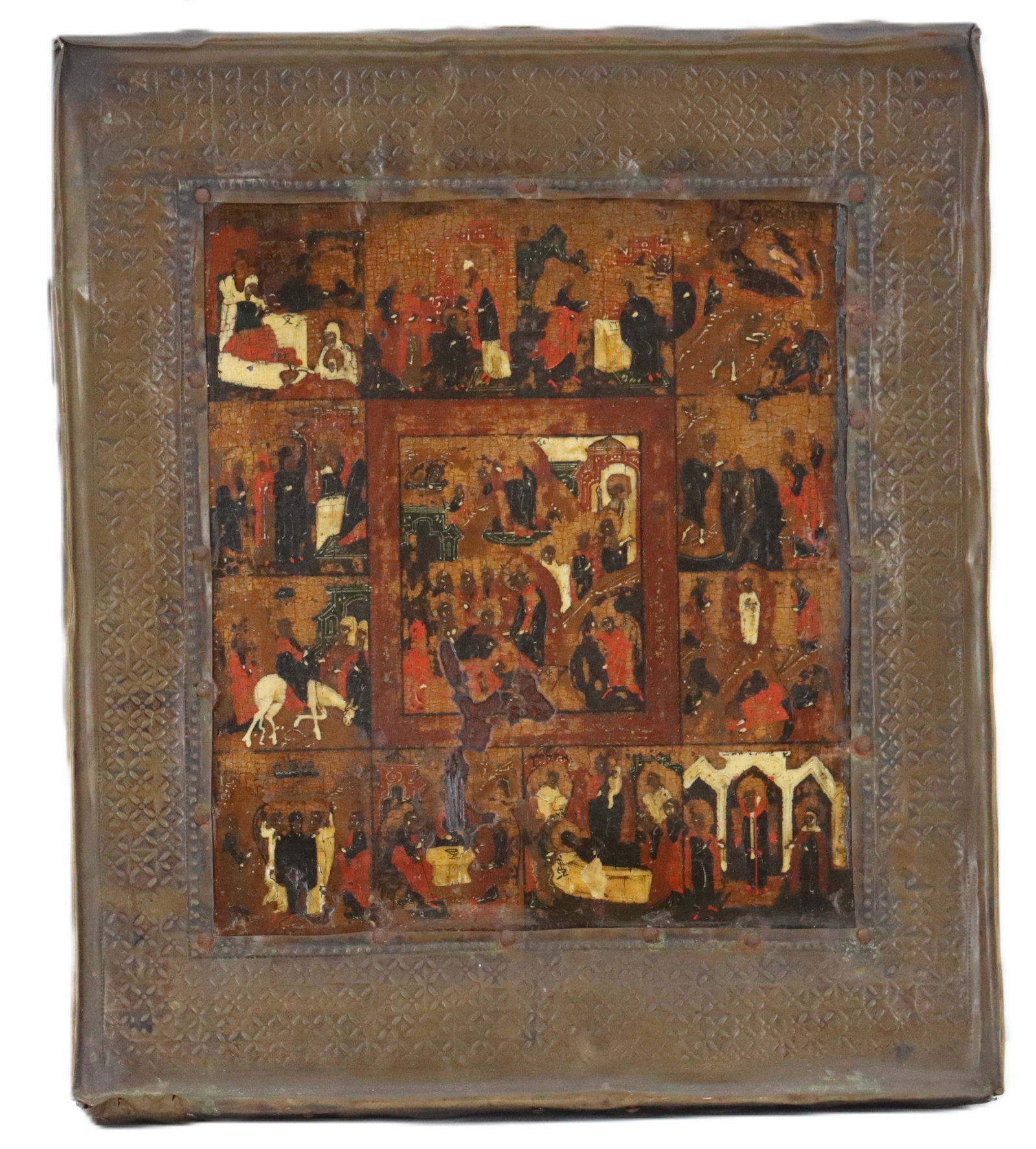 19th Century Russian Icon of the Twelve Great Feasts and Resurrection on Wood: 19th Century Russian Icon of the Twelve Great Feasts and Resurrection on Wood. Housed in metal oklad. Size: 12 3/8 x 10 5/8 x 1 1/2 in. 