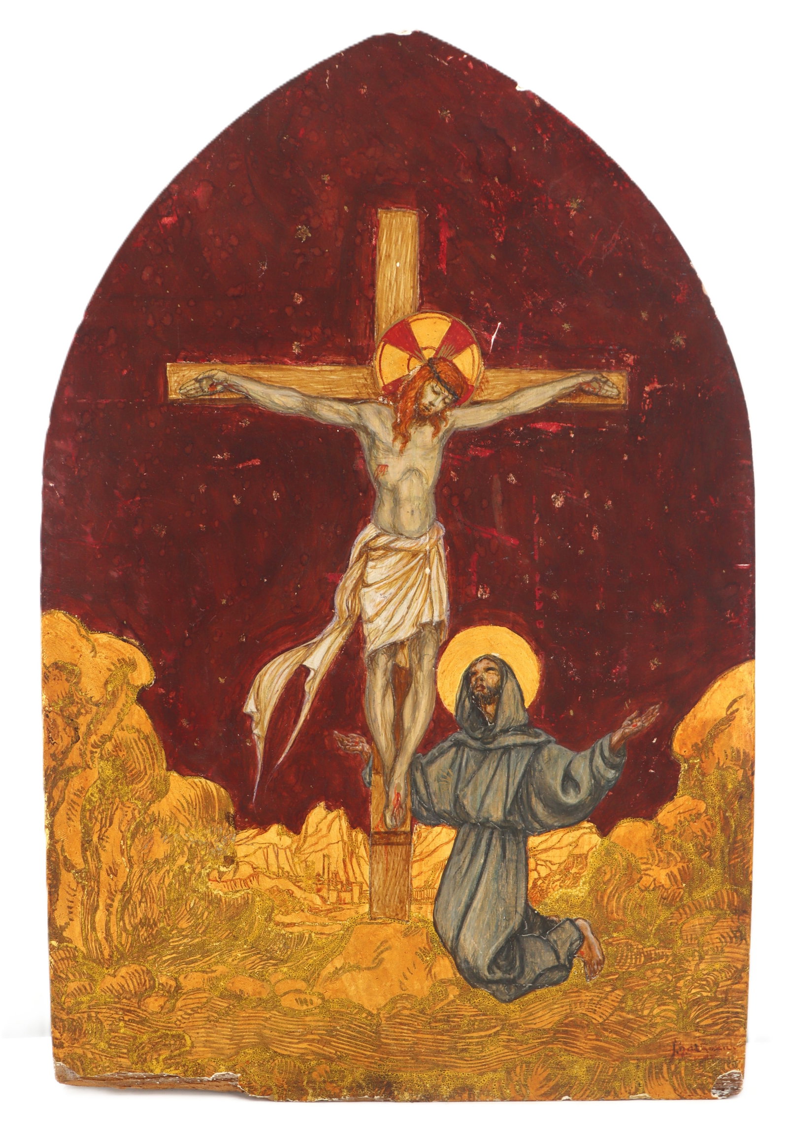 Antique Painting on Wood of Christ on the Cross with Saint Francis of Assisi Kneeling: Antique Painting on Wood of Christ on the Cross with Saint Francis of Assisi Kneeling Size: 13 x 8 1/2 in. 