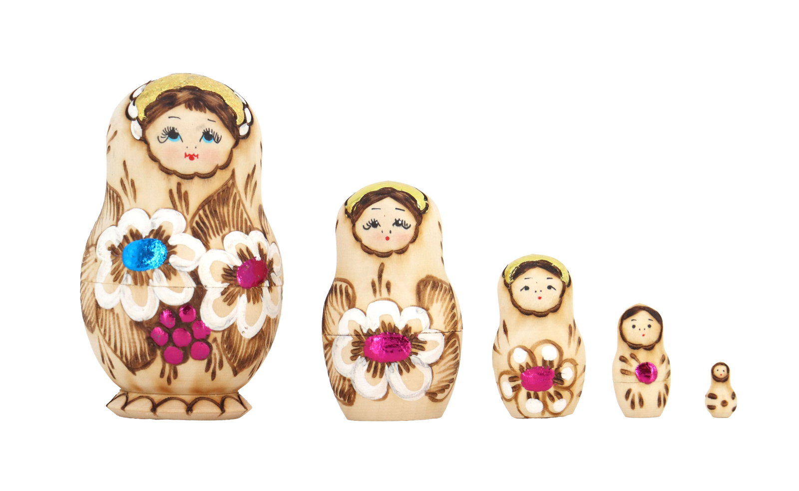 (5) Piece Brown Matryoshka Dolls: (5) Piece Brown Matryoshka Dolls. Flower and leaf designs with the woman's face at top, all using the natural tone of the wood with decoration on top rather than being completely painted
