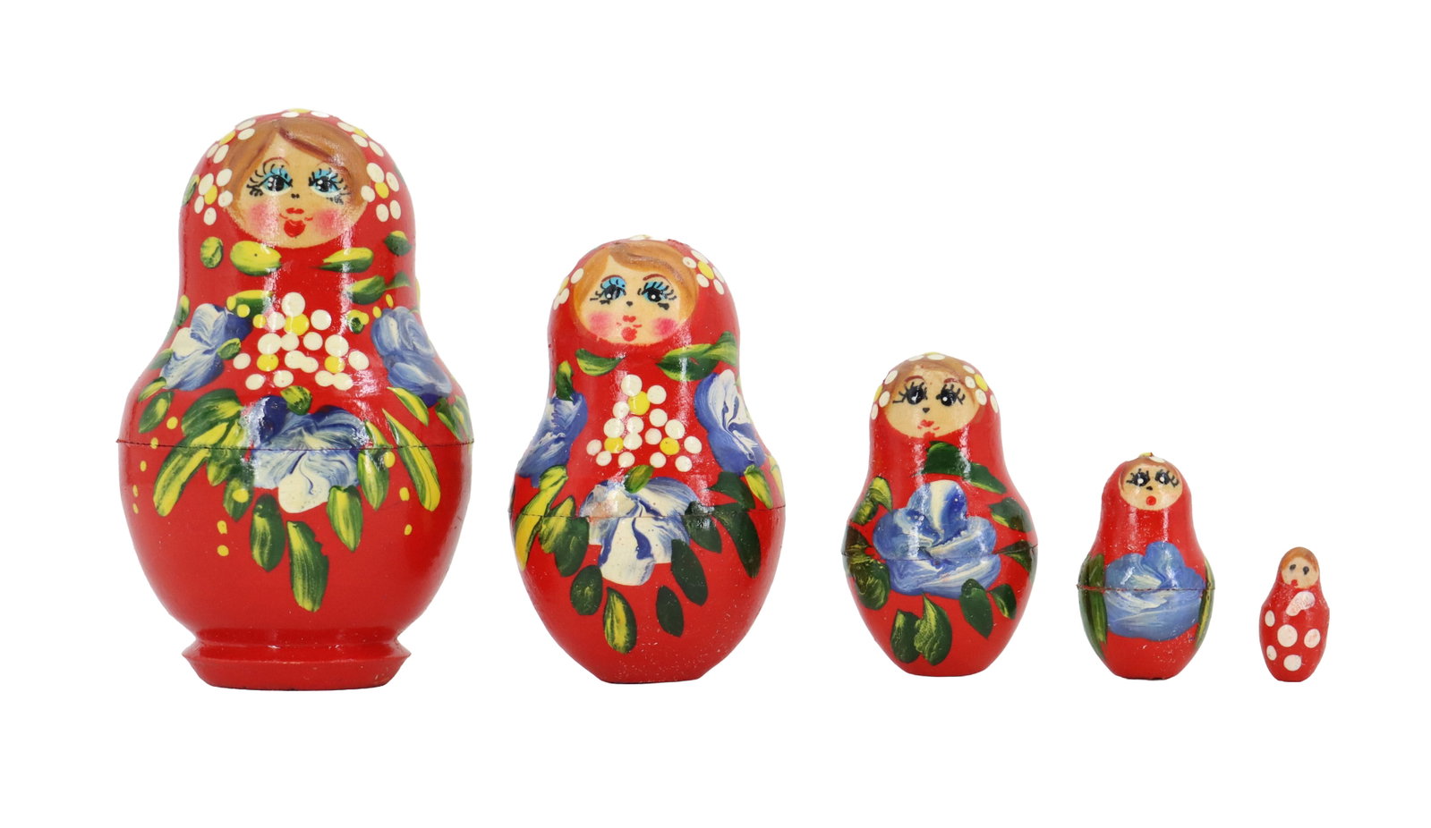 (5) Piece Red Matryoshka Dolls: (5) Piece Red Matryoshka Dolls. Flower, leaf, and dot designs with the woman's face at top, and the smallest wooden piece being red with just the tiny face and a few dots. Size: 2 