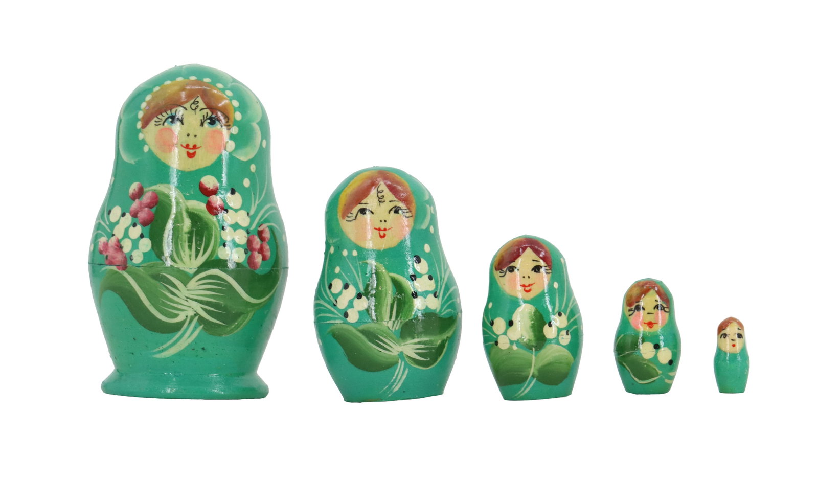 (5) Piece Green Matryoshka Dolls: (5) Piece Green Matryoshka Dolls. Flower, leaf, and dot designs with the woman's face at top, and the smallest wooden piece being green with just the tiny face. Size: 2 x 2 x 3 1/2