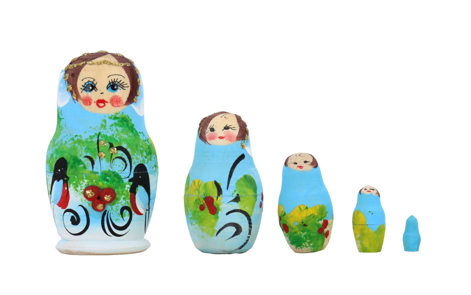 (5) Piece Blue Matryoshka Dolls: (5) Piece Blue Matryoshka Dolls. Birds, fruit, and flower designs on each with the woman's face at top, and the smallest wooden piece being solid blue. Size: 2 1/4 x 2 1/4 x 4 in. Matr