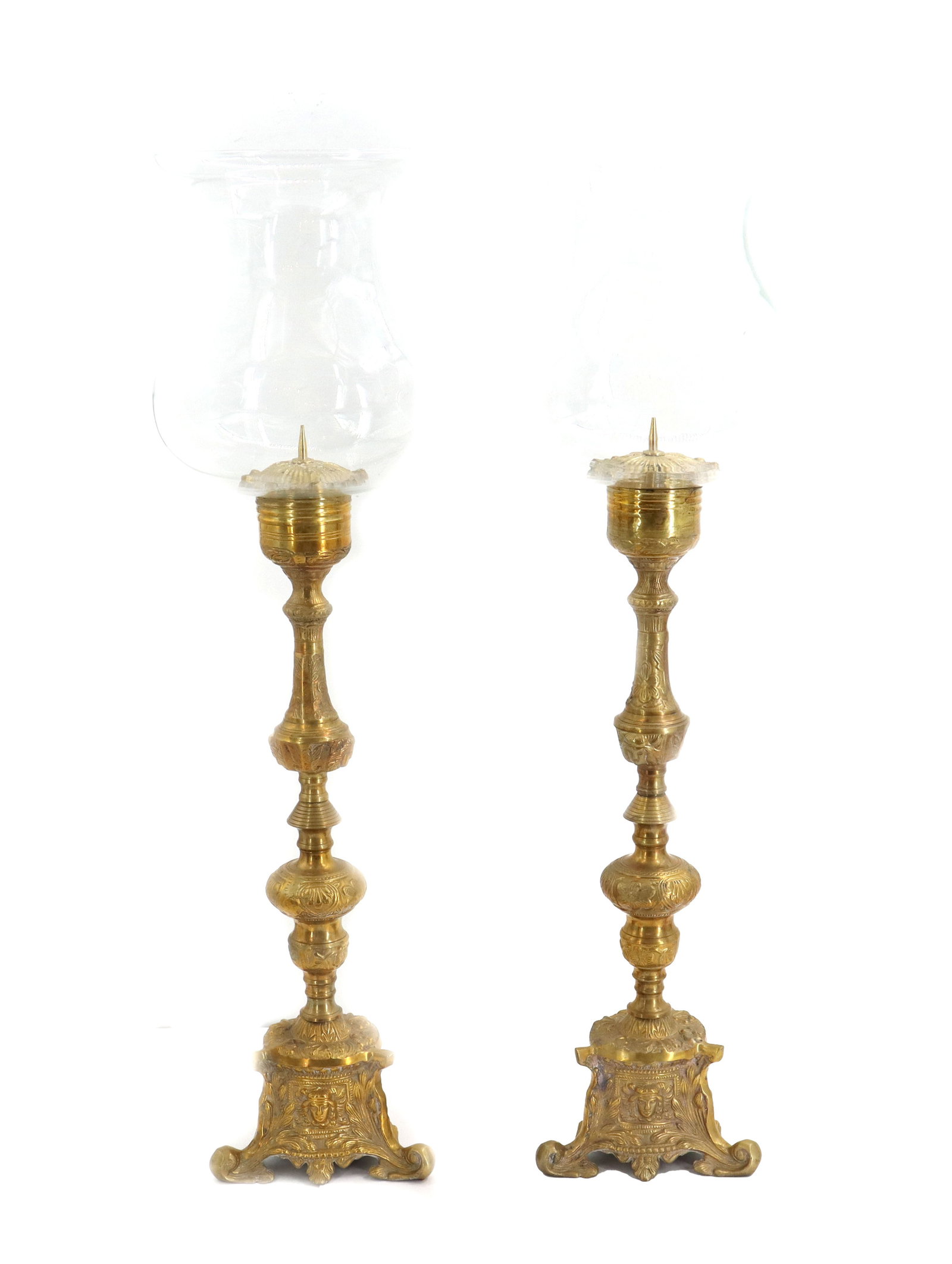 (2) Vintage Ornate Brass Candlesticks with Hurricane Glass Shades (1 of 12)