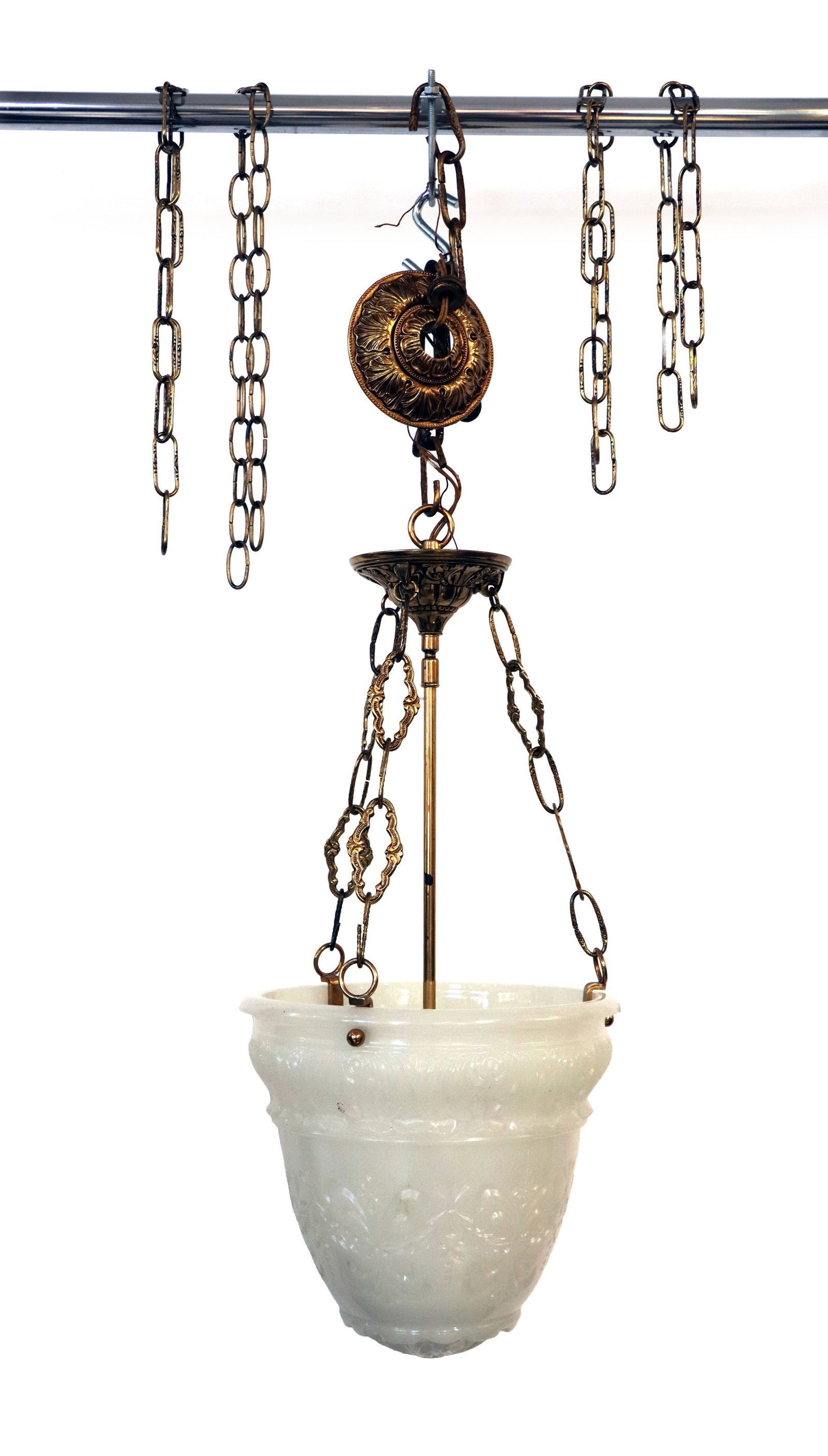 Antique Milk Glass Bowl and Brass Chains Hanging Light (1 of 8)