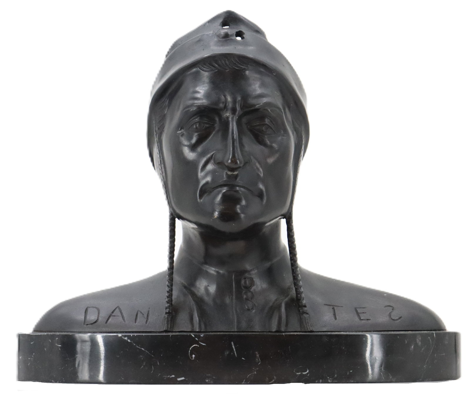 Antique Bronze Dante Alighieri Bust on Marble Base: Antique Bronze Dante Alighieri Bust on Marble Base. The name is split into two parts across the upper chest. Condition: Gaping hole in head and small holes below, a common feature in reproductio