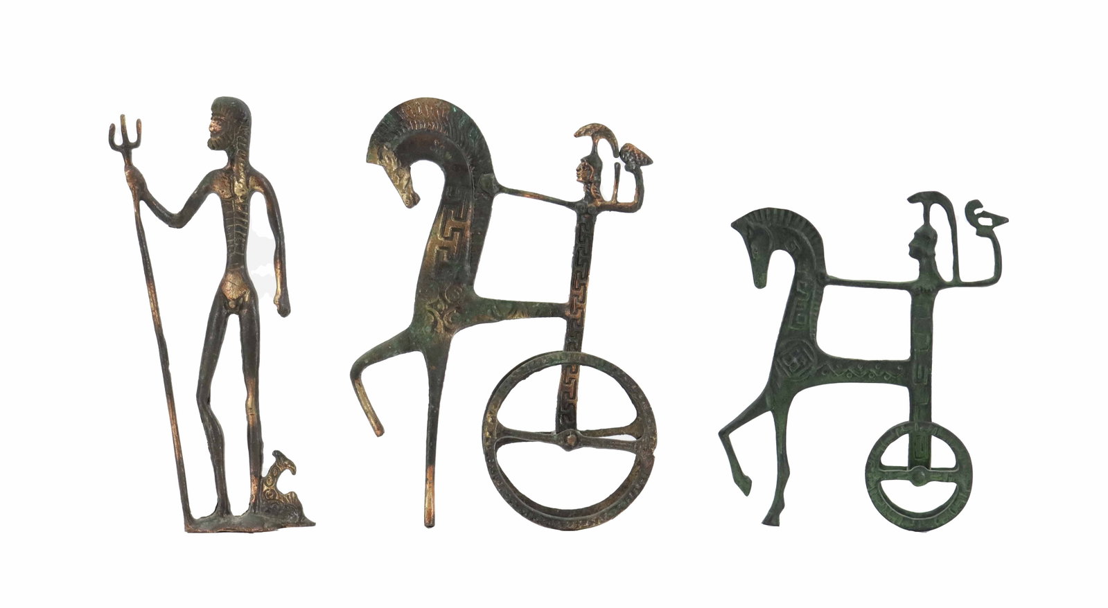 (3) Vintage Italian Simoncini Studio Bronze Sculptural Figures: (3) Vintage Italian Simoncini Studio Bronze Sculptural Figures. Includes one Greek figure with a trident and two horse-drawn chariot figures with spears and a working wheel on the back half, one
