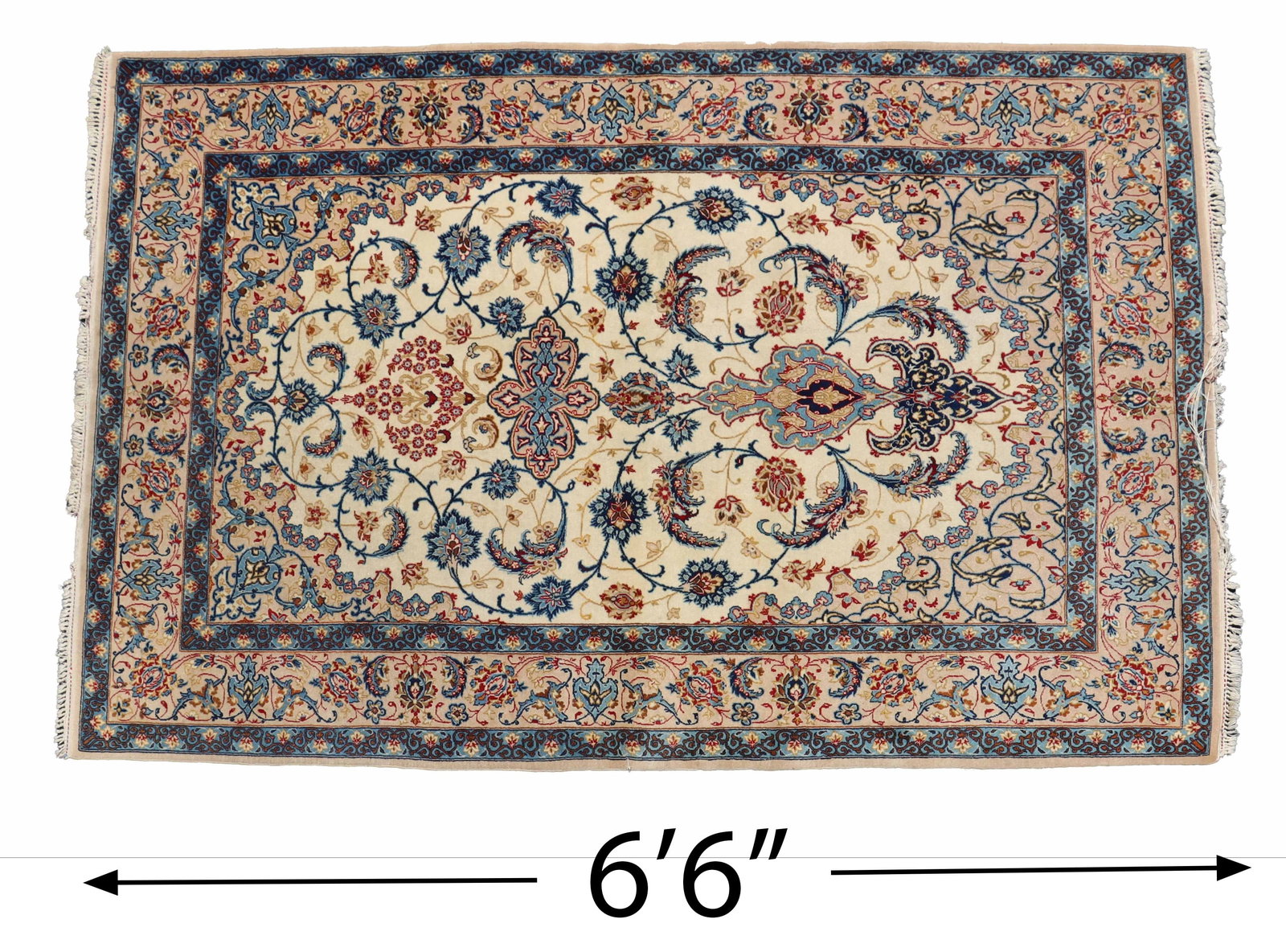 Persian Isfahan Asymmetrical Field Silk Rug: Persian Isfahan Asymmetrical Field Wool Rug. A rarer variant of the beloved Isfahans, where the striking floral patterns and curvilinear interlaced lines are not mirrored on both sides but instead
