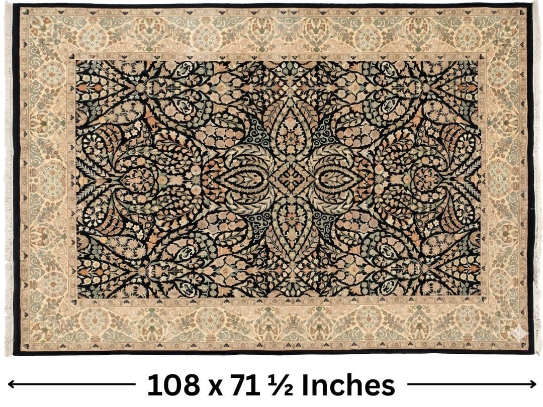 Persian Wool on Cotton Rug: Persian Wool on Cotton Rug. An all-over floral pattern in center in black and tan, with a much lighter border. Size: 108 x 71 1/2 In. 